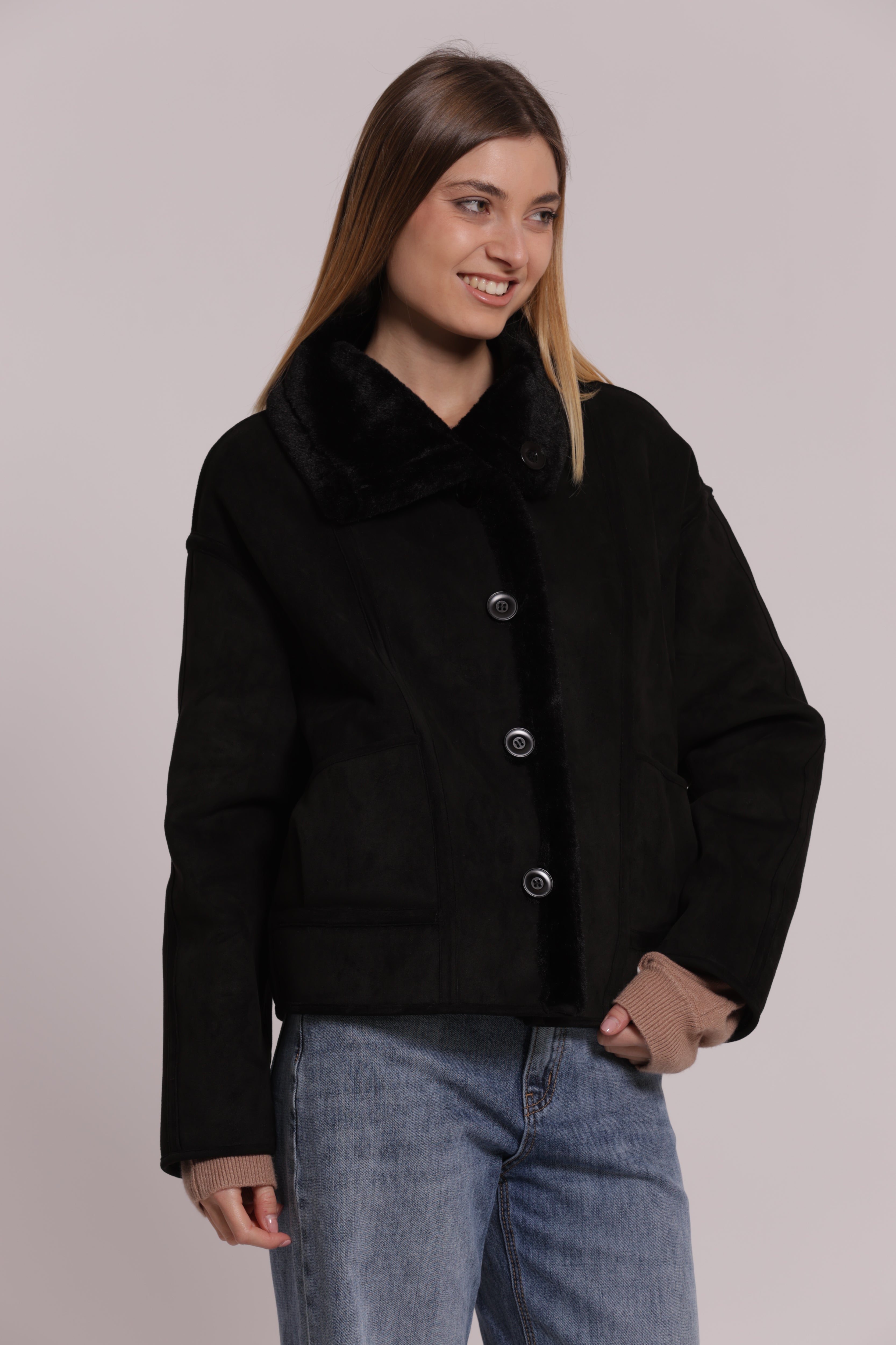 Mimi Mua Reversibile giubbotto effetto montone nero