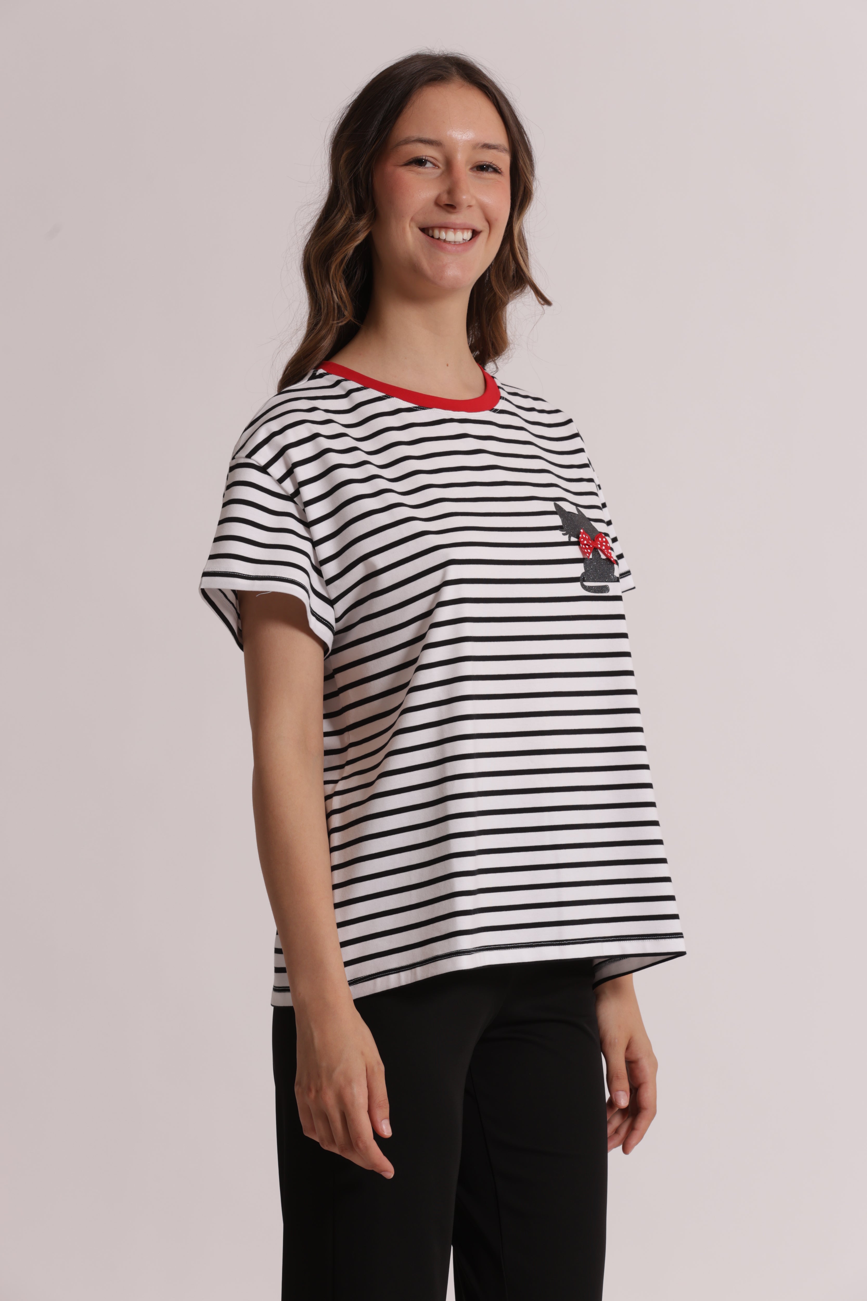 Mimi Mua t-shirt righe stampa gatto nero