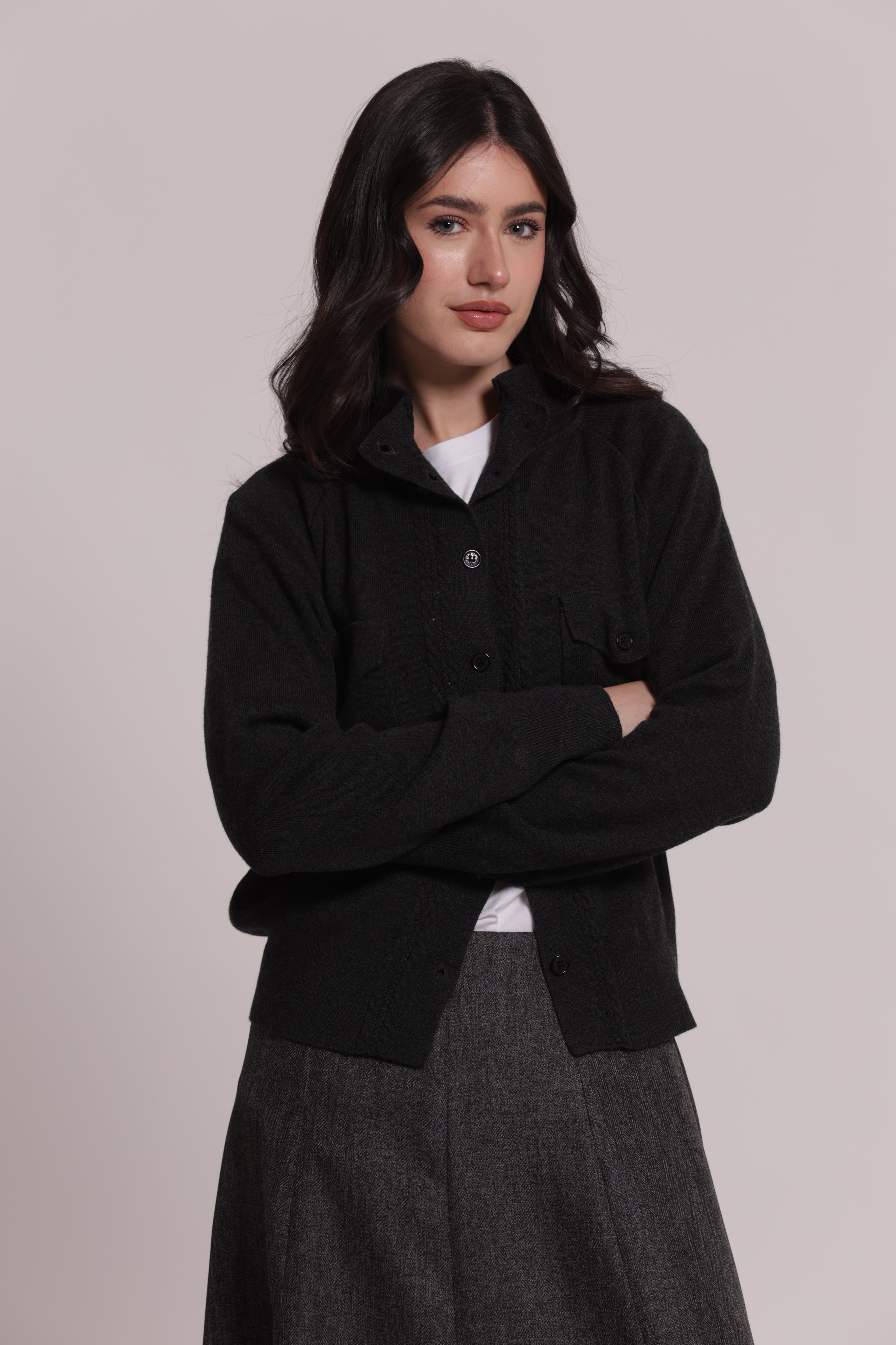 Mimi Mua Cardigan Lupetto con Tasche Maglia Nera