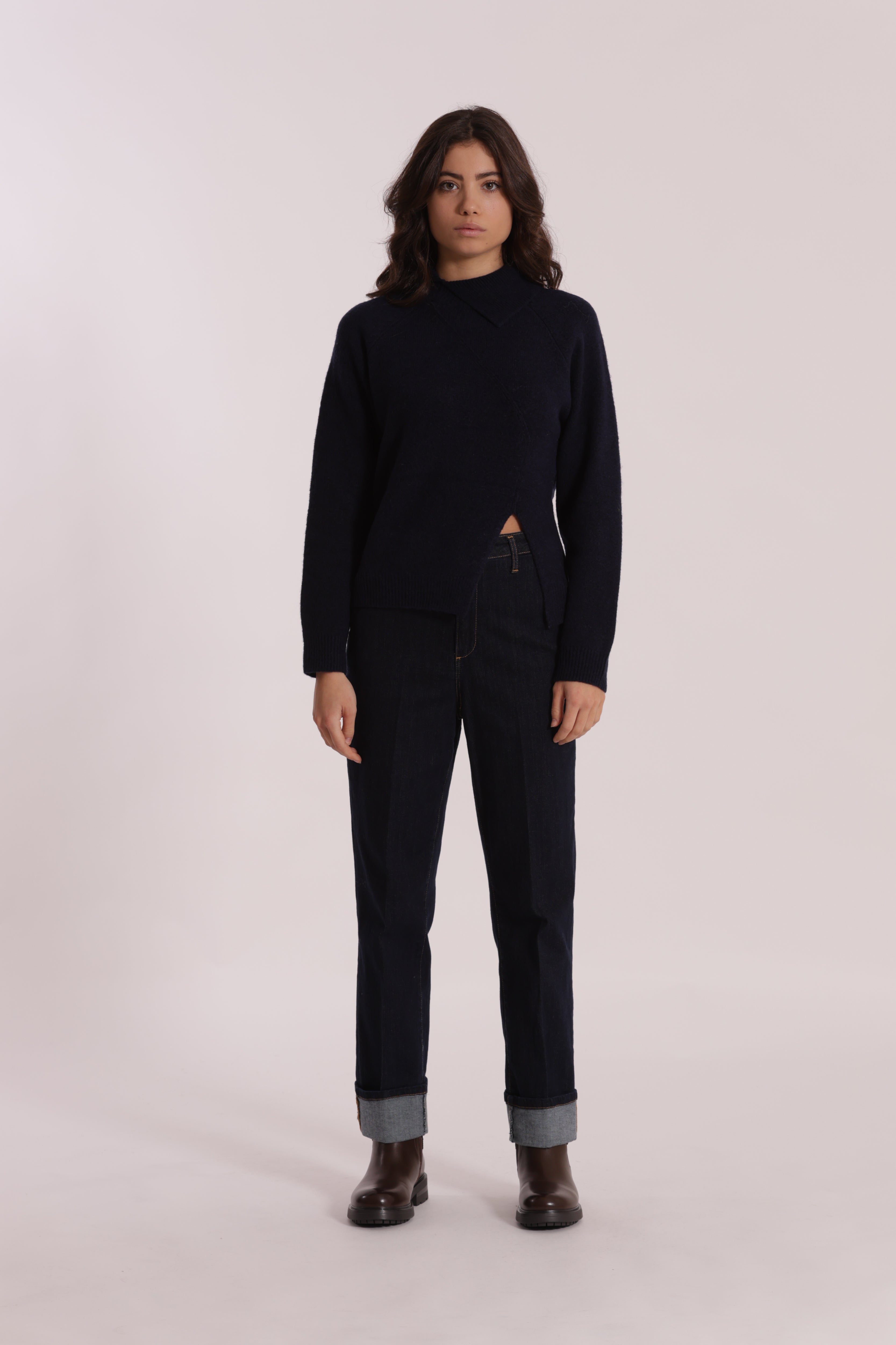 Mimi Mua Jeans Wide Leg Risvolto Blu Scuro Denim