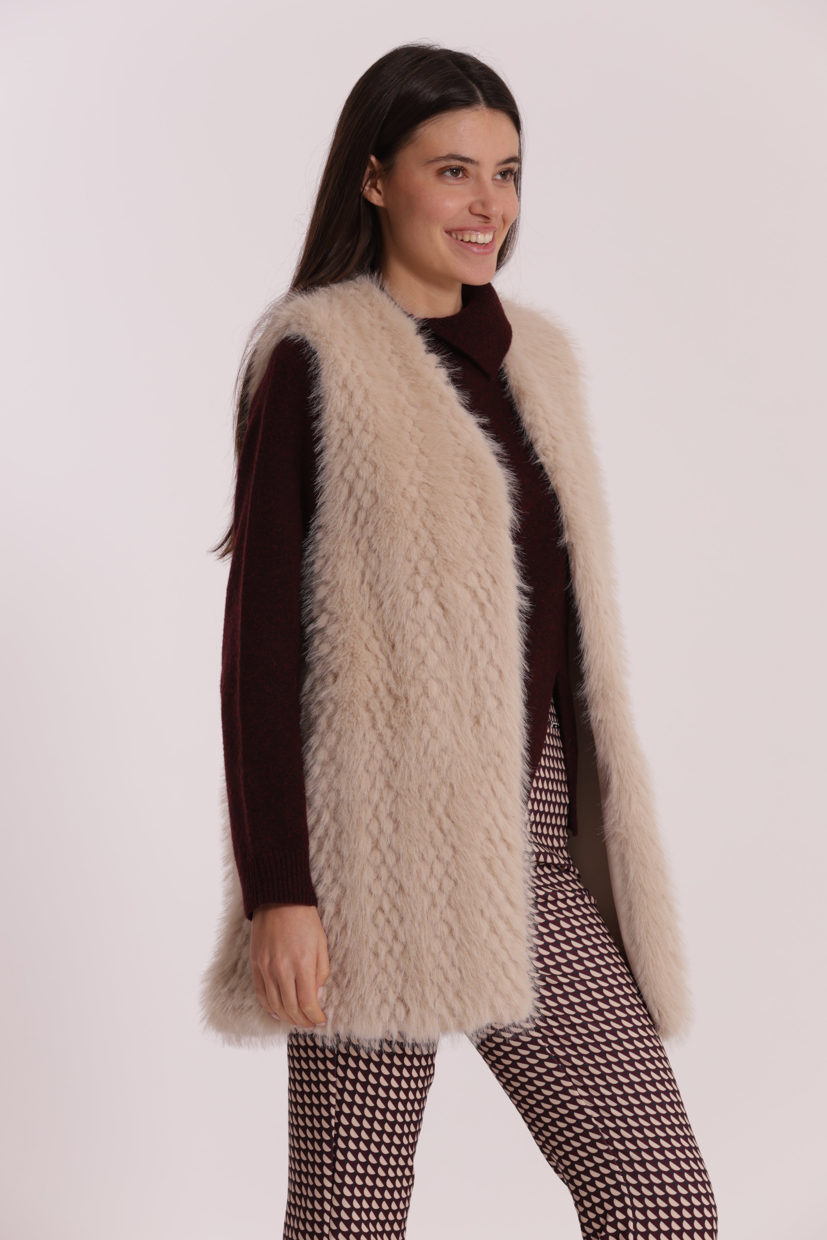 Mimi Mua Gilet Lungo Effetto Montone Beige