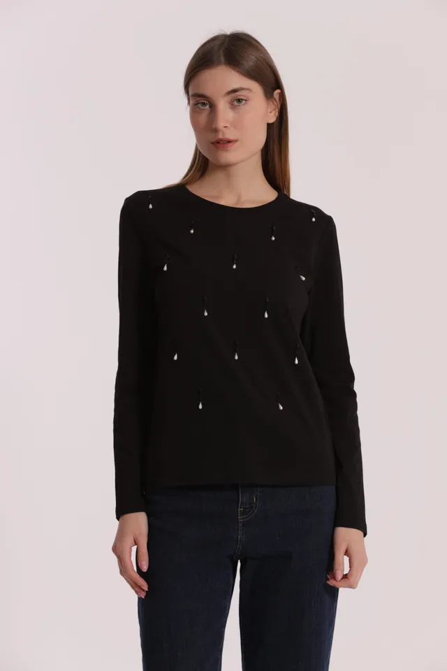 Mimi Mua Pioggia di Perle T-shirt Cotone Nero