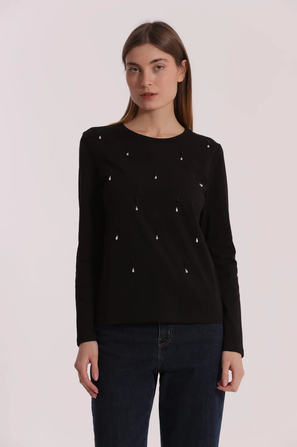 Mimi Mua Pioggia di Perle T-shirt Cotone Nero