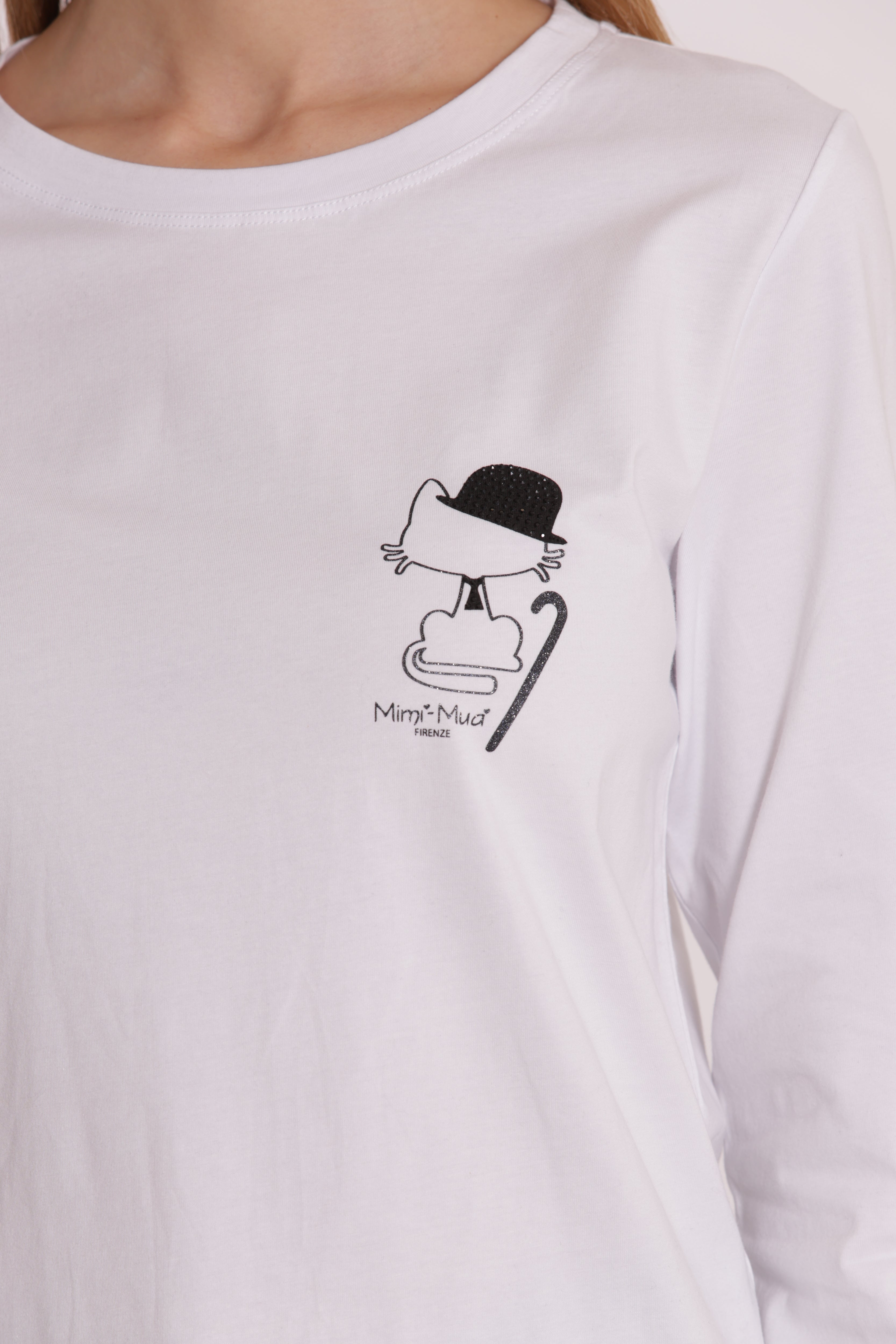 Mimi Mua T-Shirt Gatto Charlie Chaplin Bianca Cotone