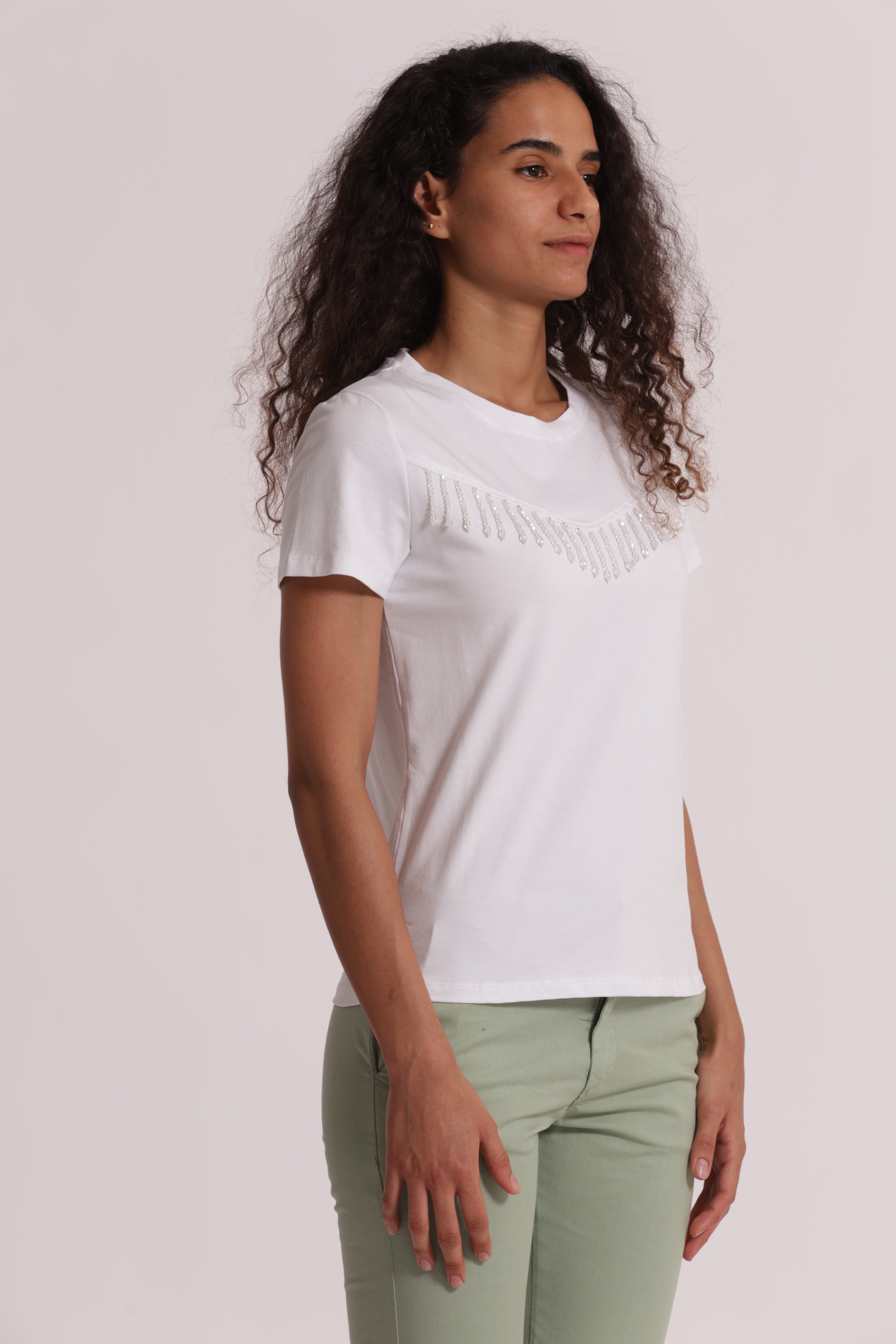 Mimi Mua T-Shirt Frange Perline Bianco