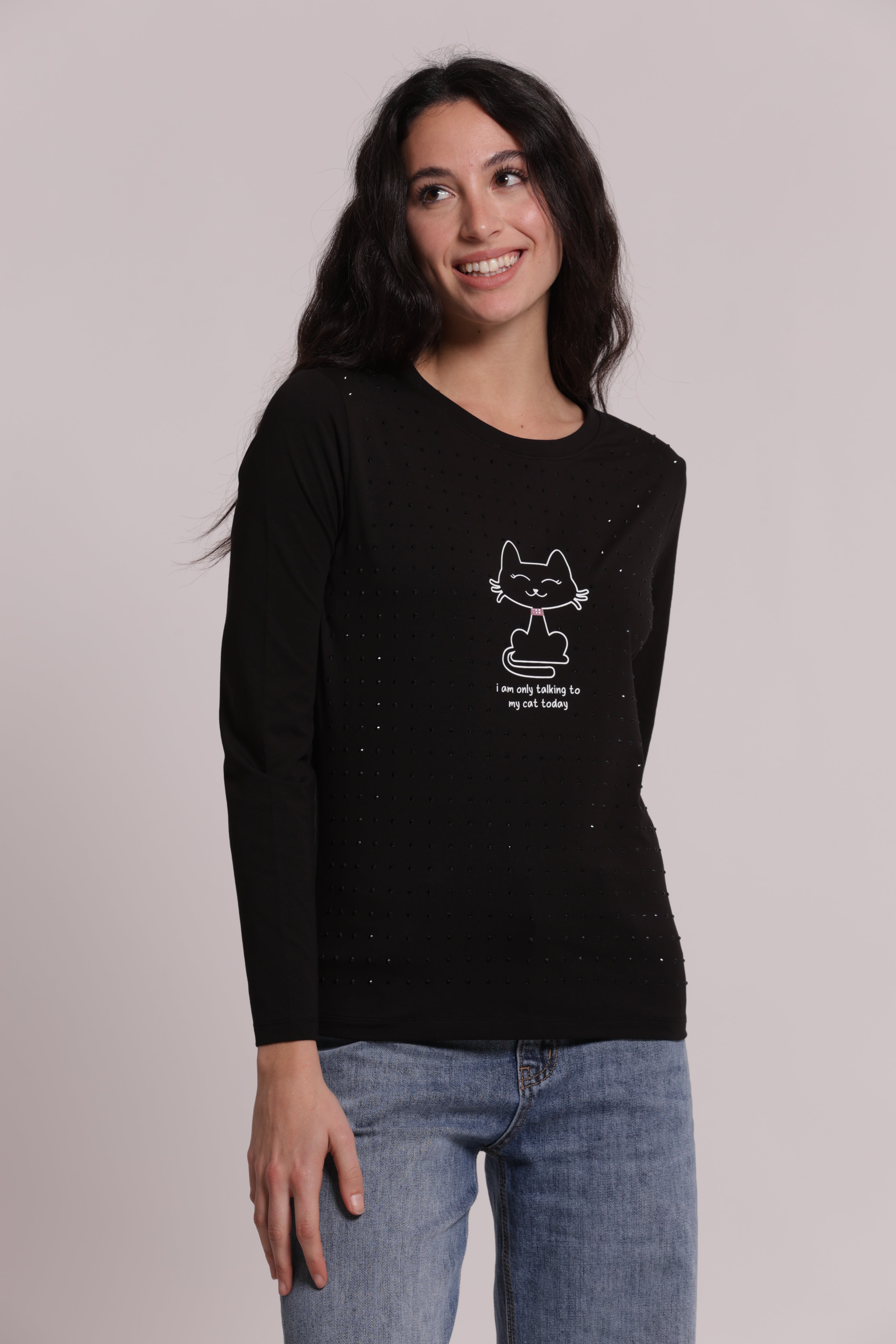 Mimi Mua T-Shirt Maniche Lunghe Gatto Strass Bianco
