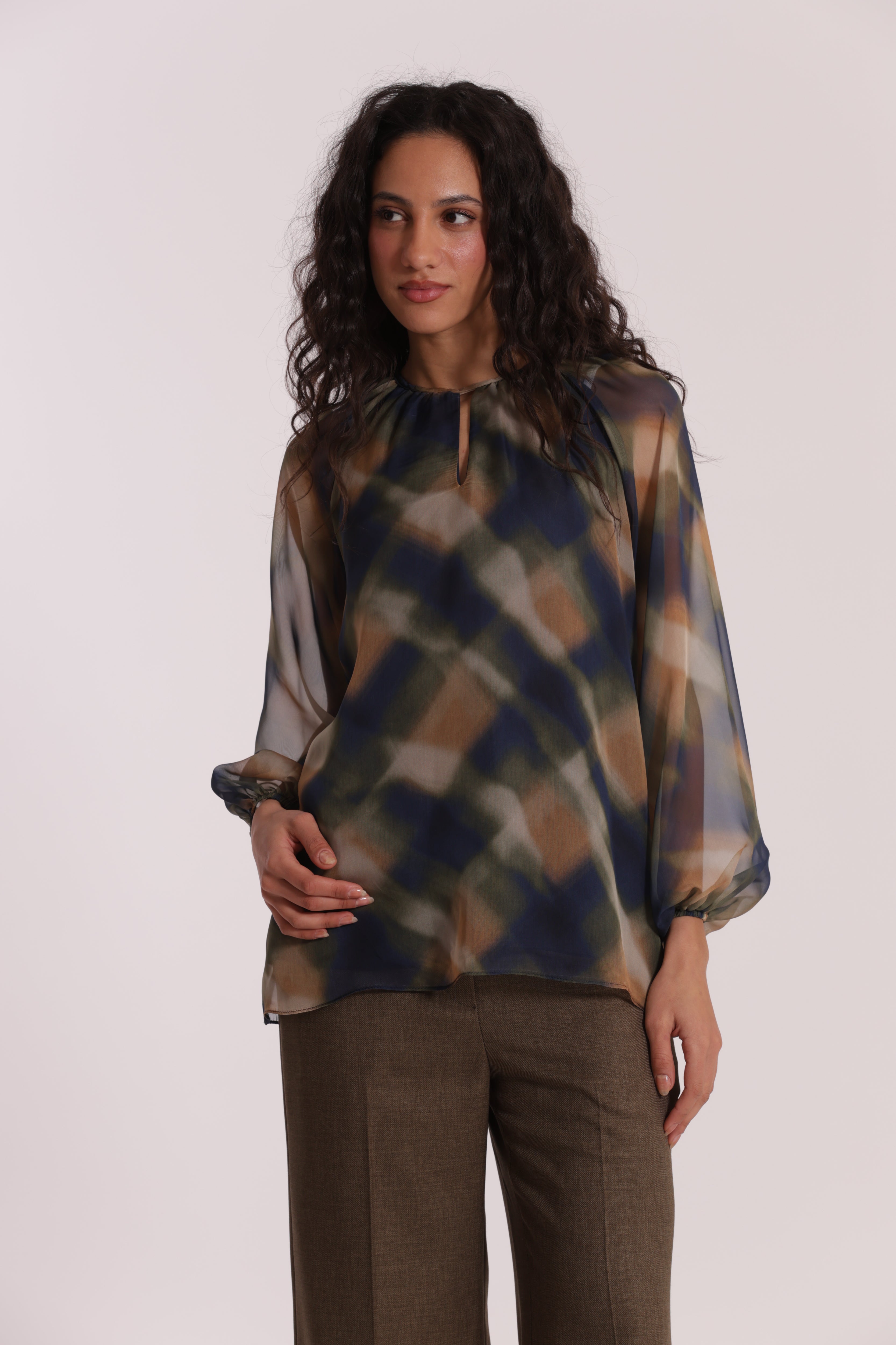 Mimi Mua Blusa Scollo Tondo blusa check blu/cammello
