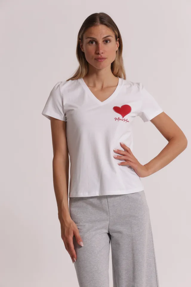 Mimi Mua t-shirt ricamo cuore bianca in cotone