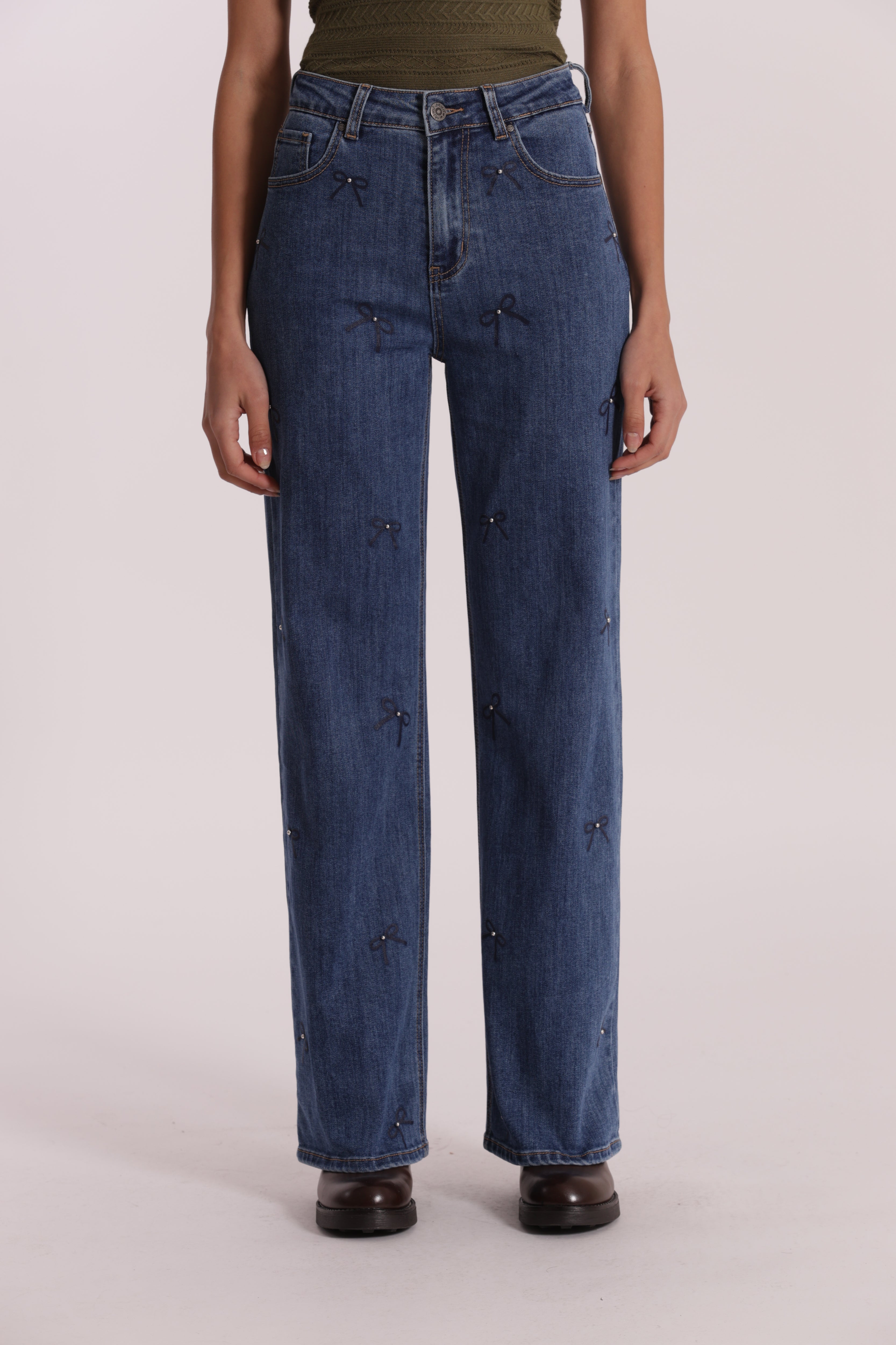 Mimi Mua Wide Leg jeans stampa fiocco nero