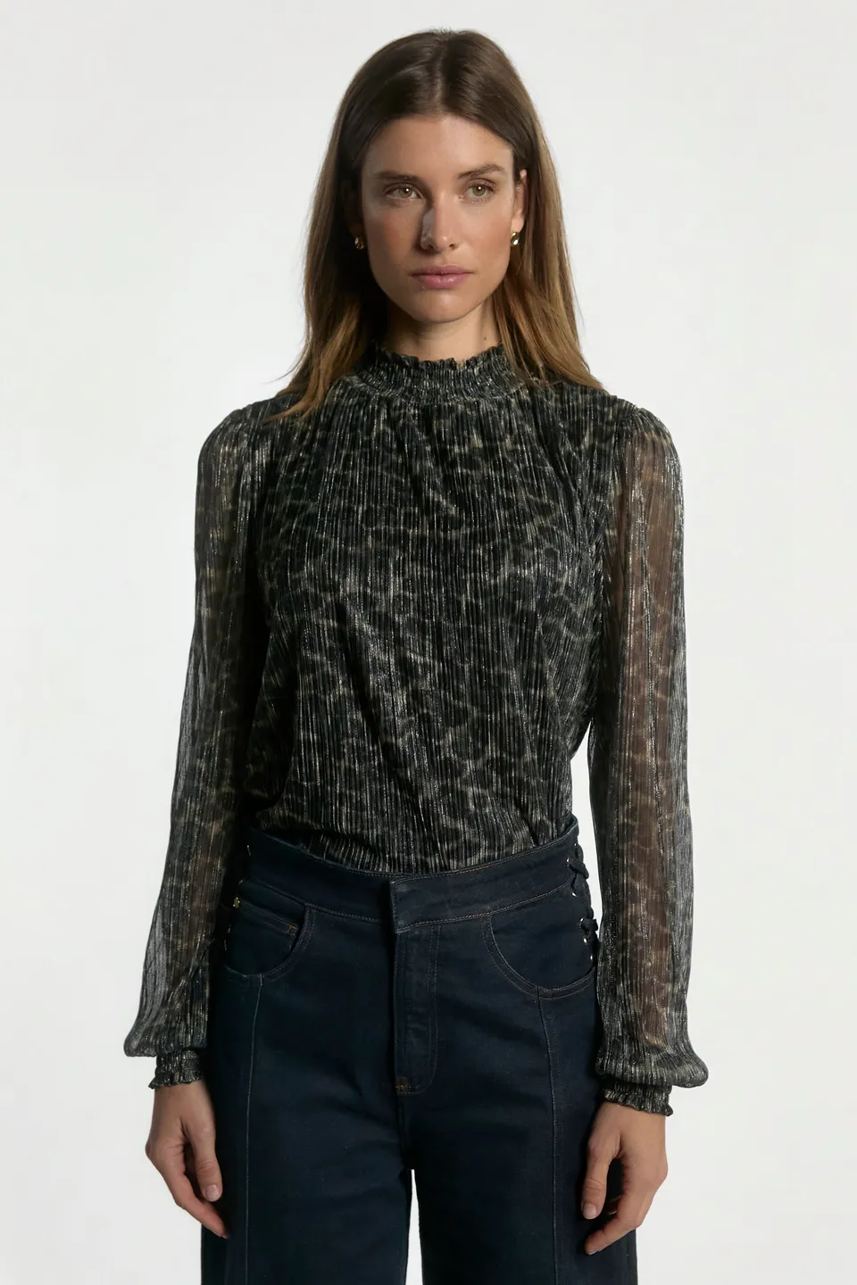 Aaiko Tory top animalier verde plissettato collo alto