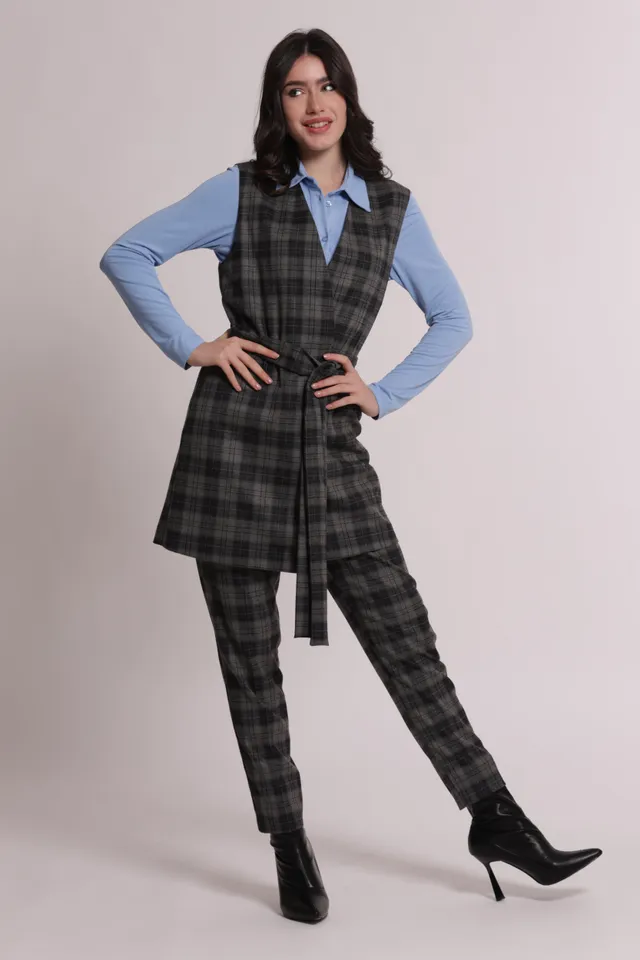Mimi Mua Gilet Lungo Check Grigio Smanicato