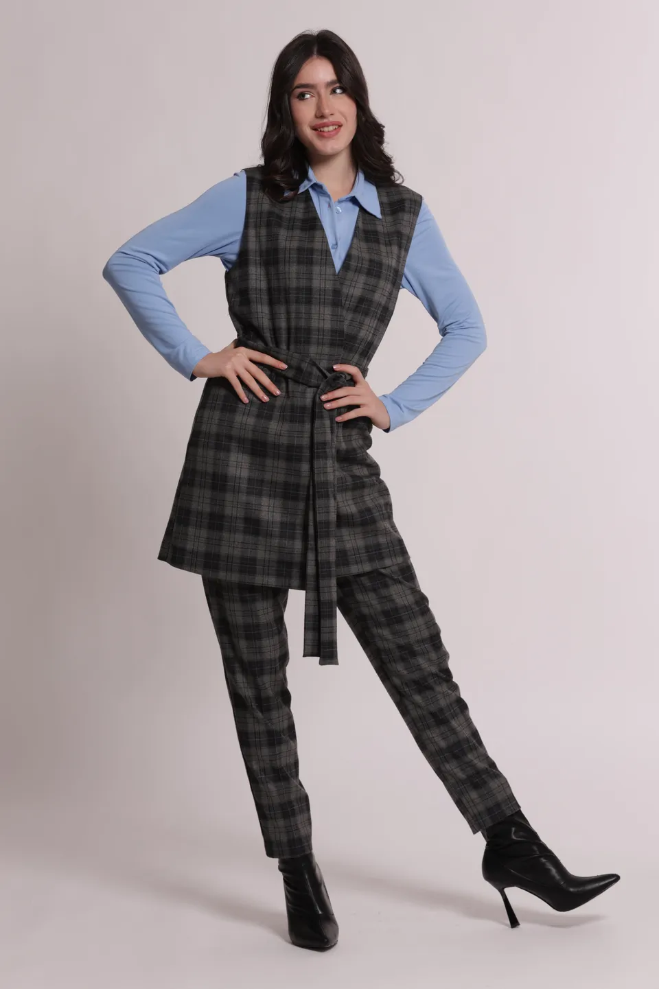 Mimi Mua Gilet Lungo Check Grigio Smanicato