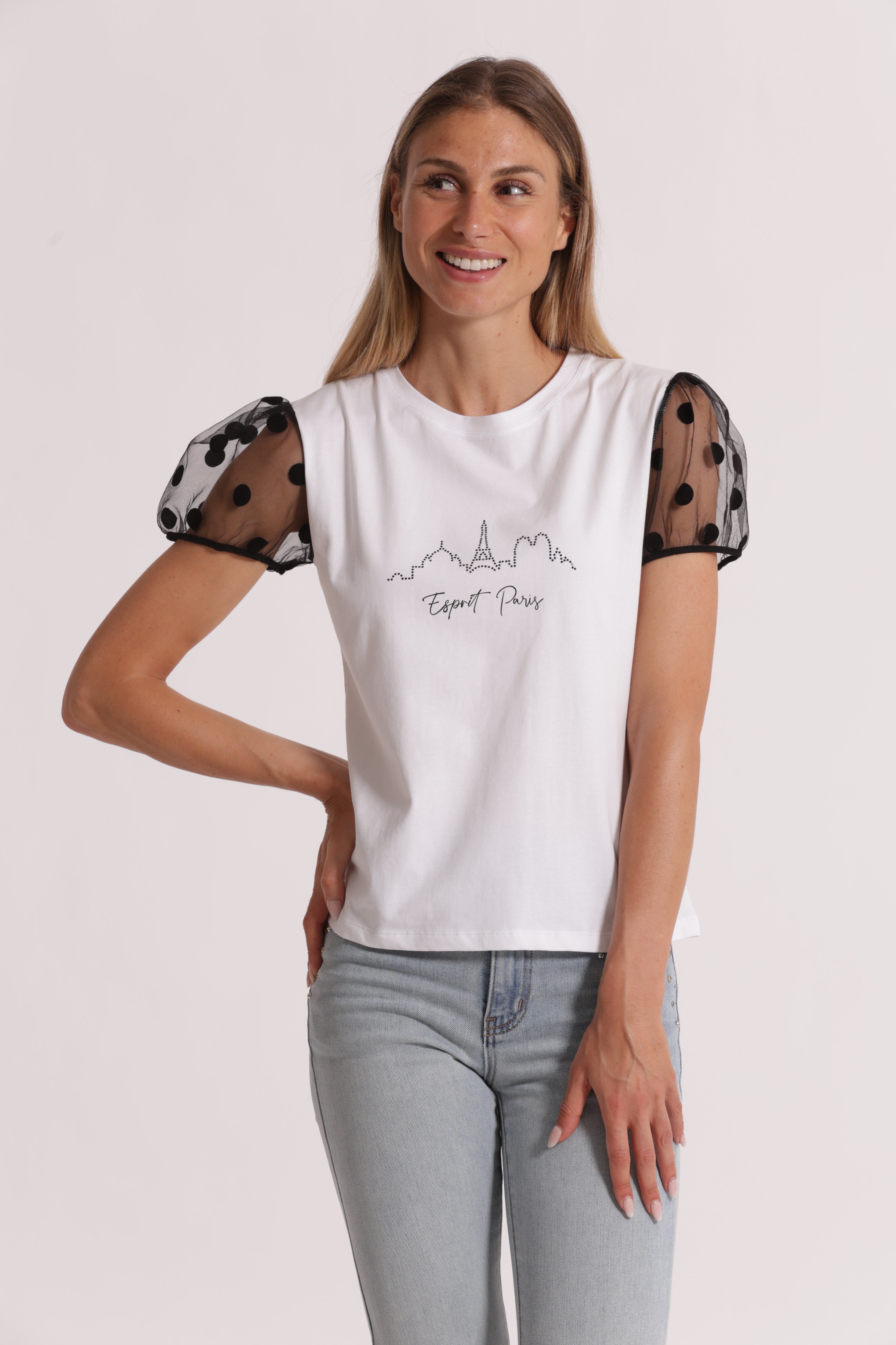 Mimi Mua Esprit Paris T-Shirt Bianco Maniche Pois