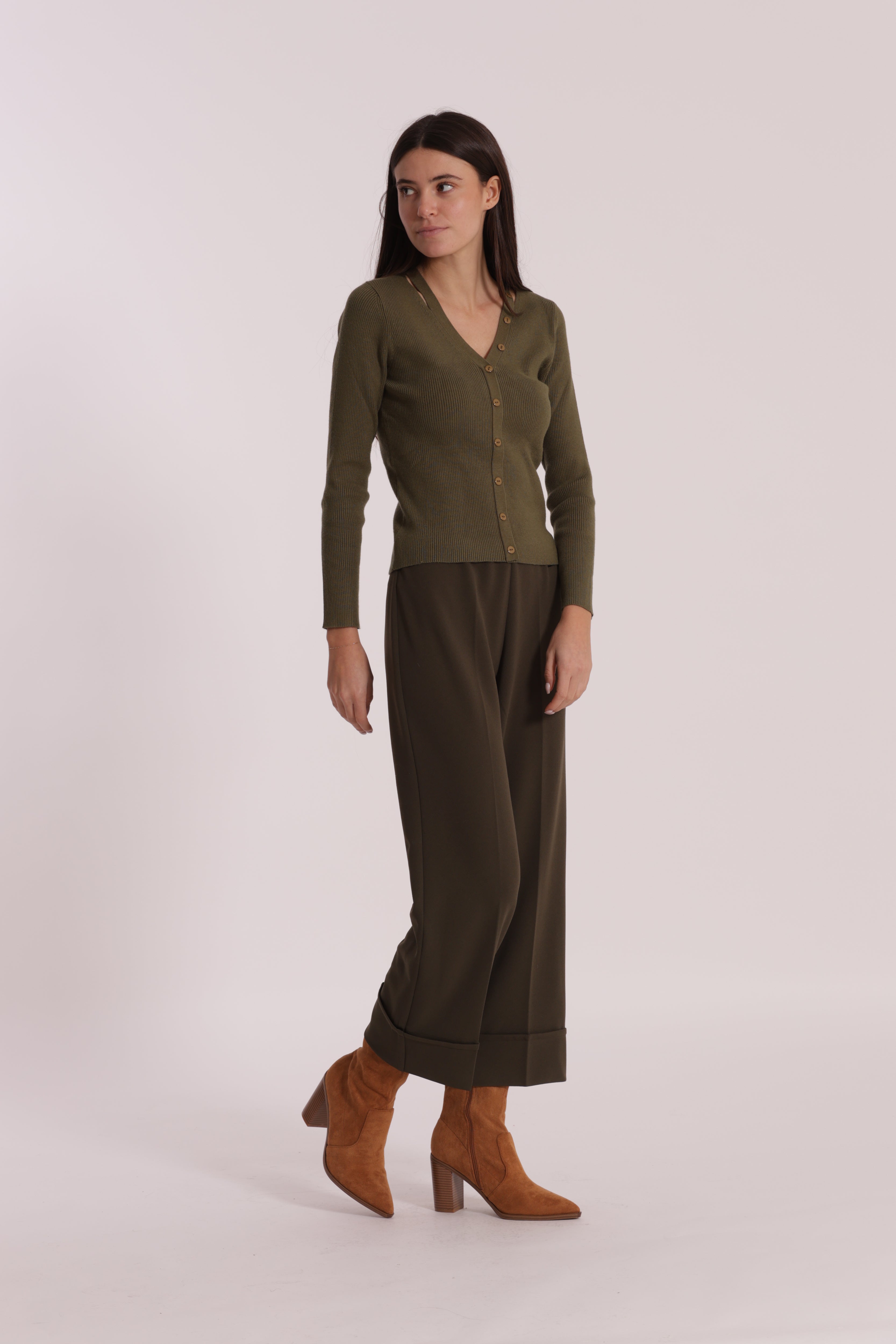 Mimi Mua Cropped con Risvolto in Crepe Pantalone Nero