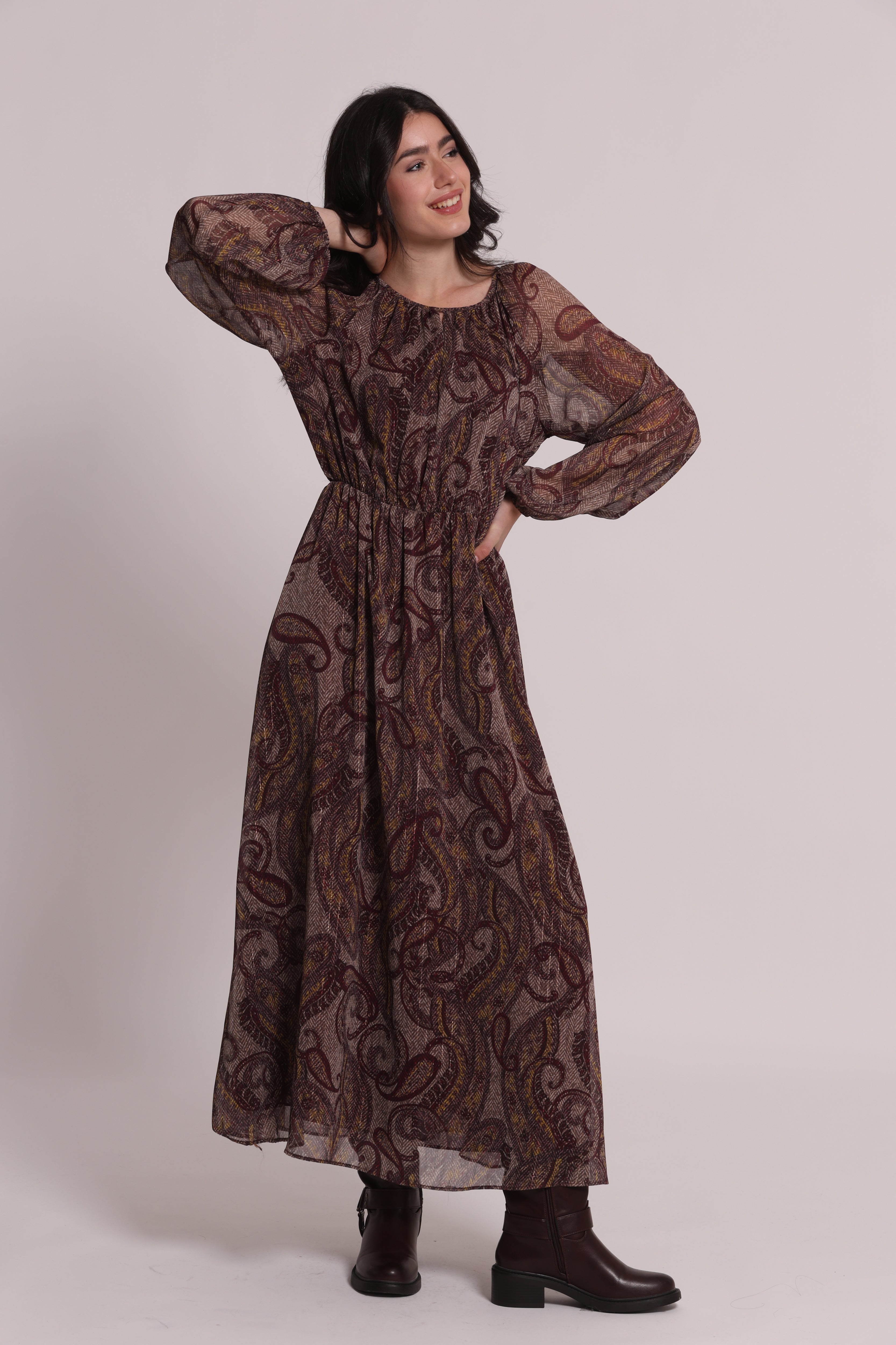 Mimi Mua Paisley abito midi prugna con fiocco frontale
