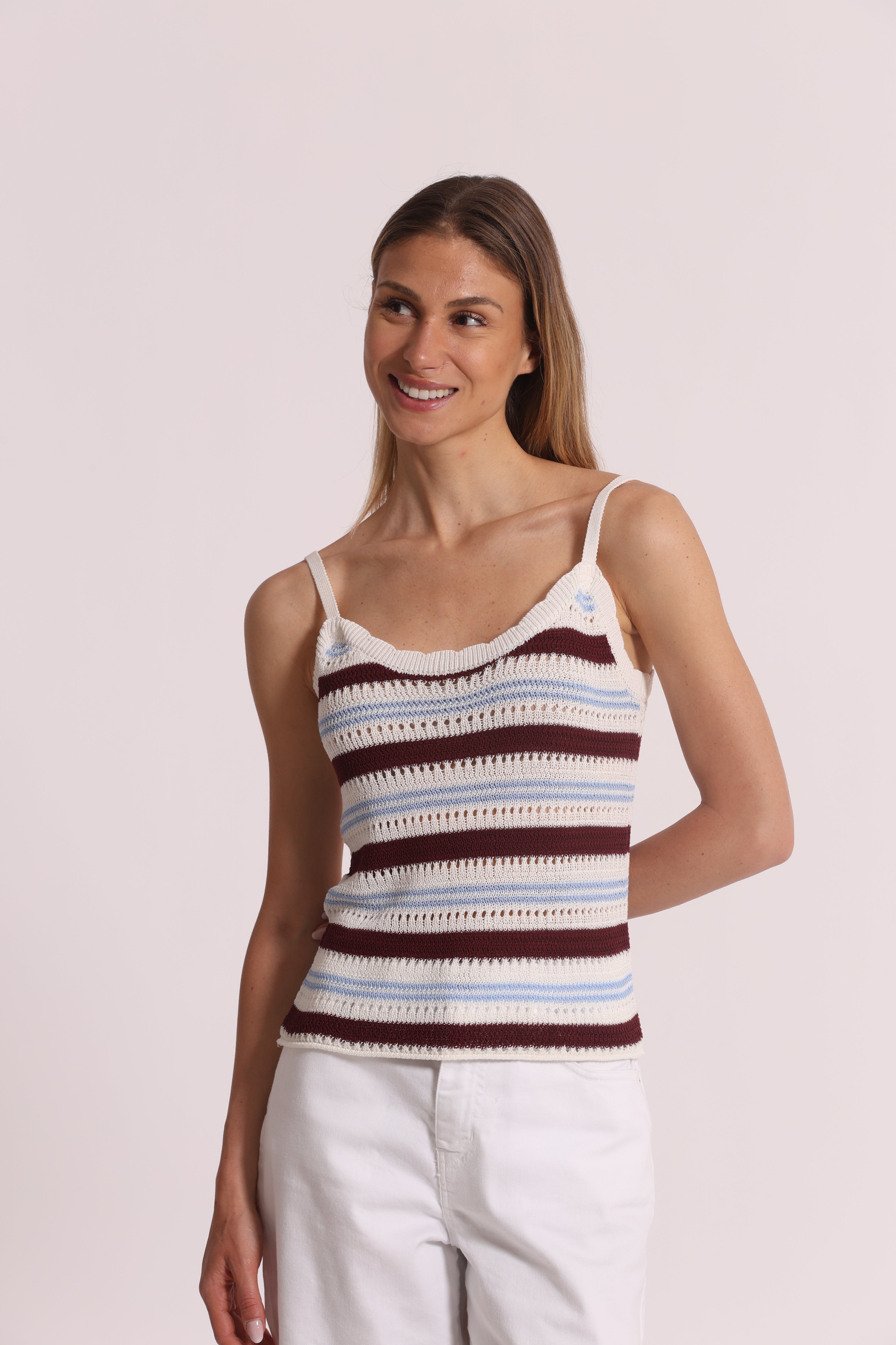 Mimi Mua Top Traforato Bicolor panna bordeaux blu