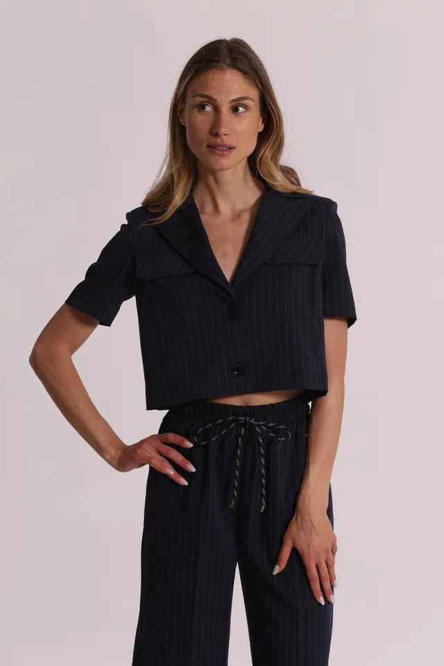 Mimi Mua Giacca Cropped Maniche Corte Gessata Latte sartoriale