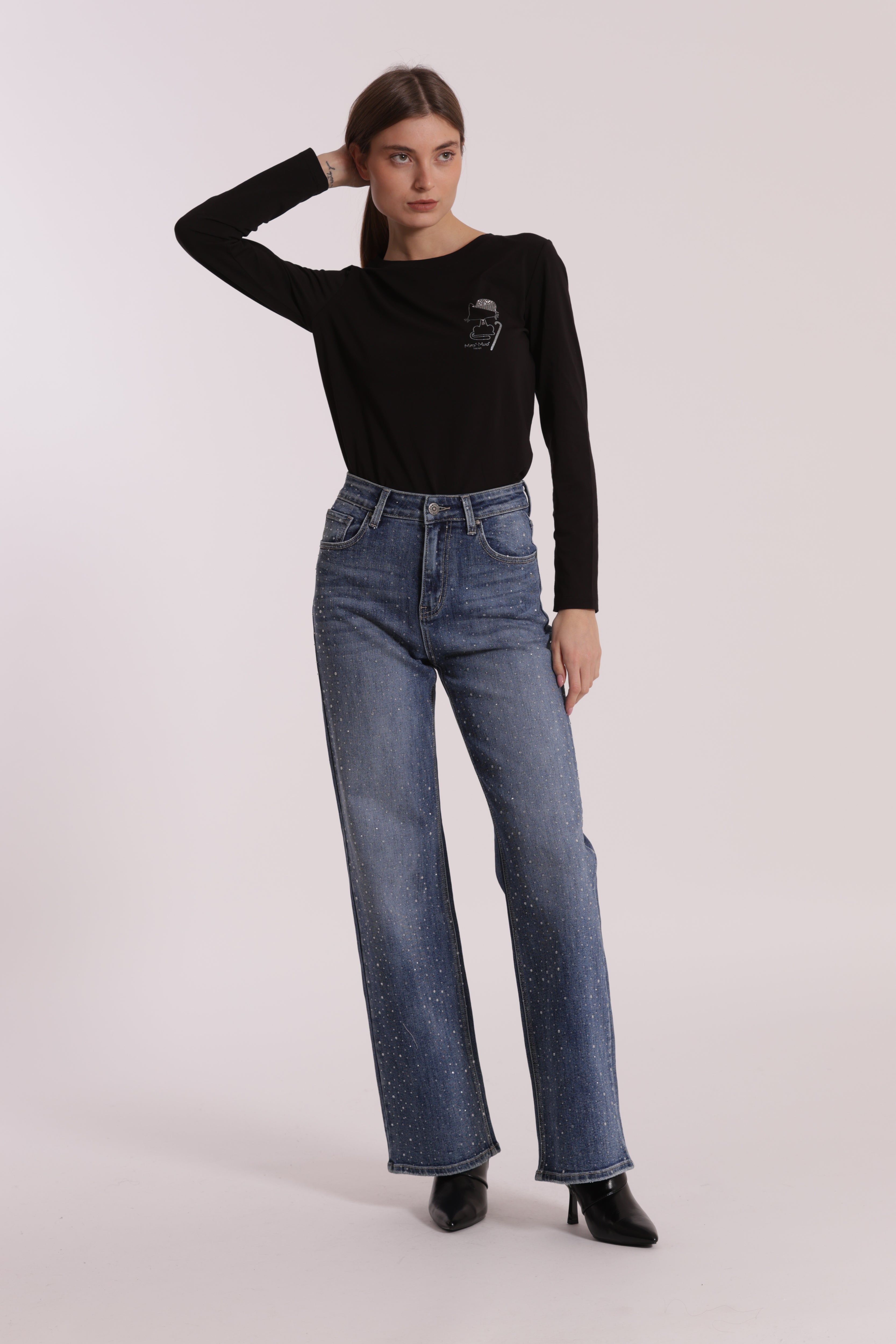 Mimi Mua Jeans Wide Leg Strass Blu Medio