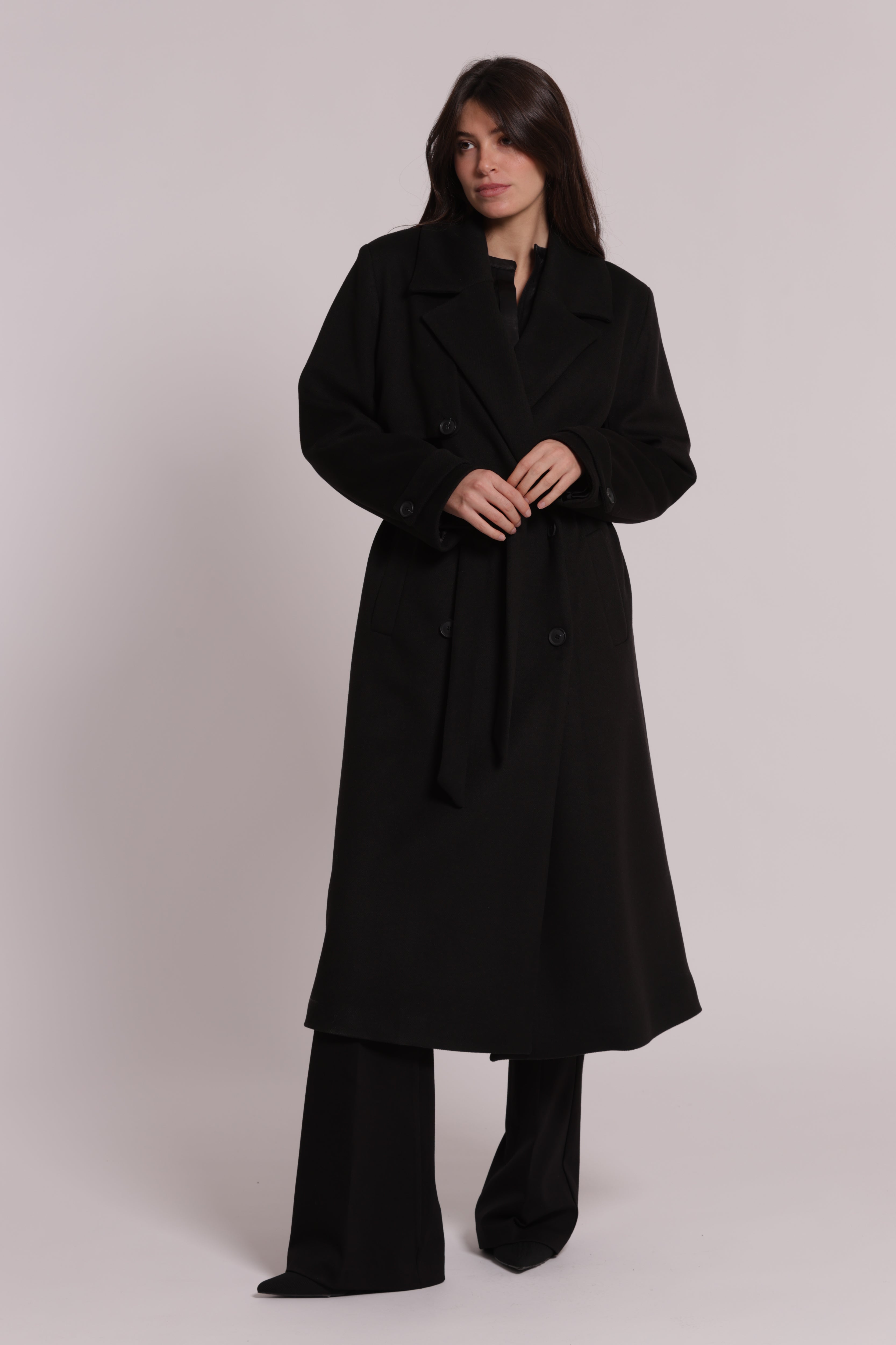 Mimi Mua Cappotto Lungo con Cintura Nero