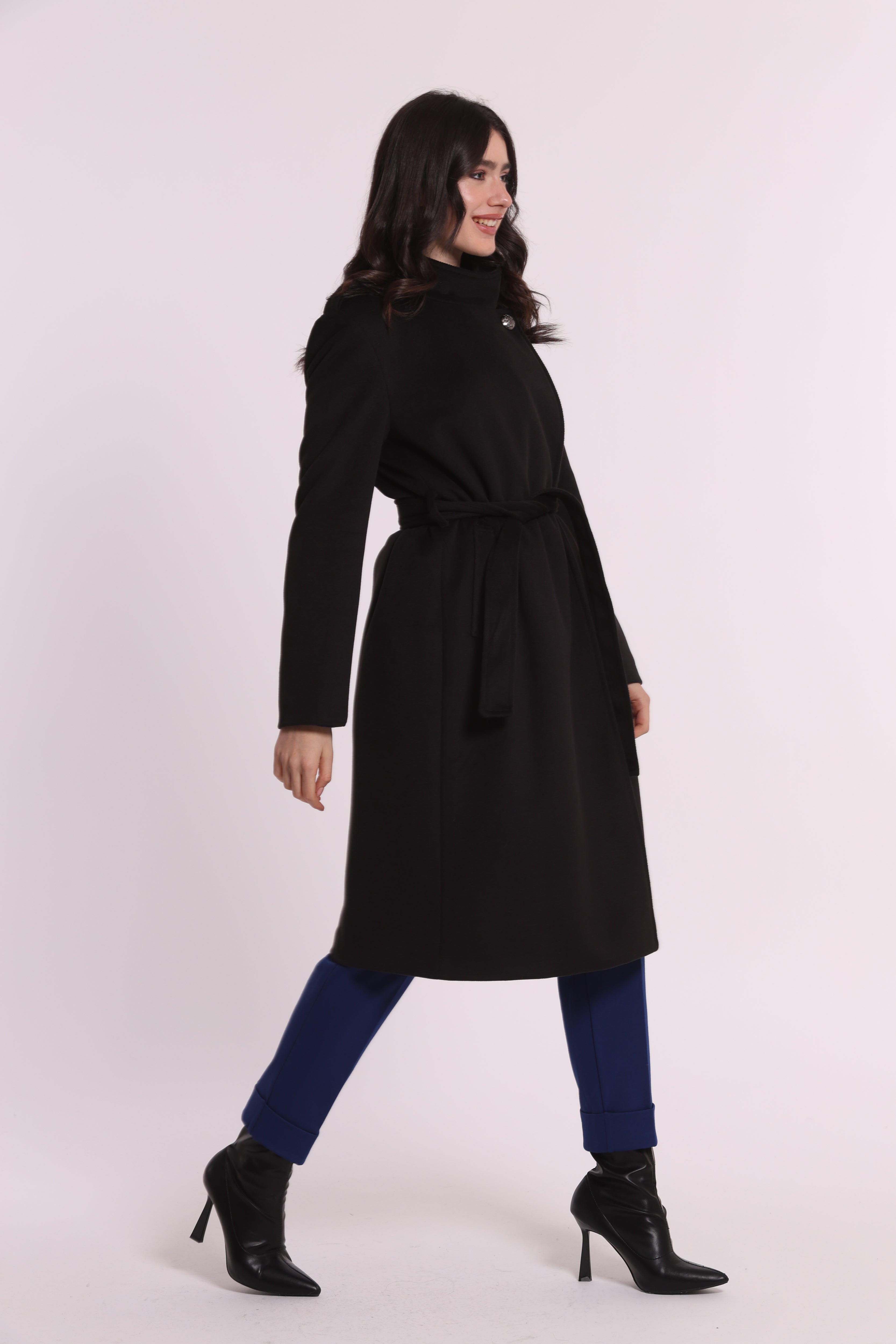 Mimi Mua Cappotto Cintura Bottoni Militari Nero