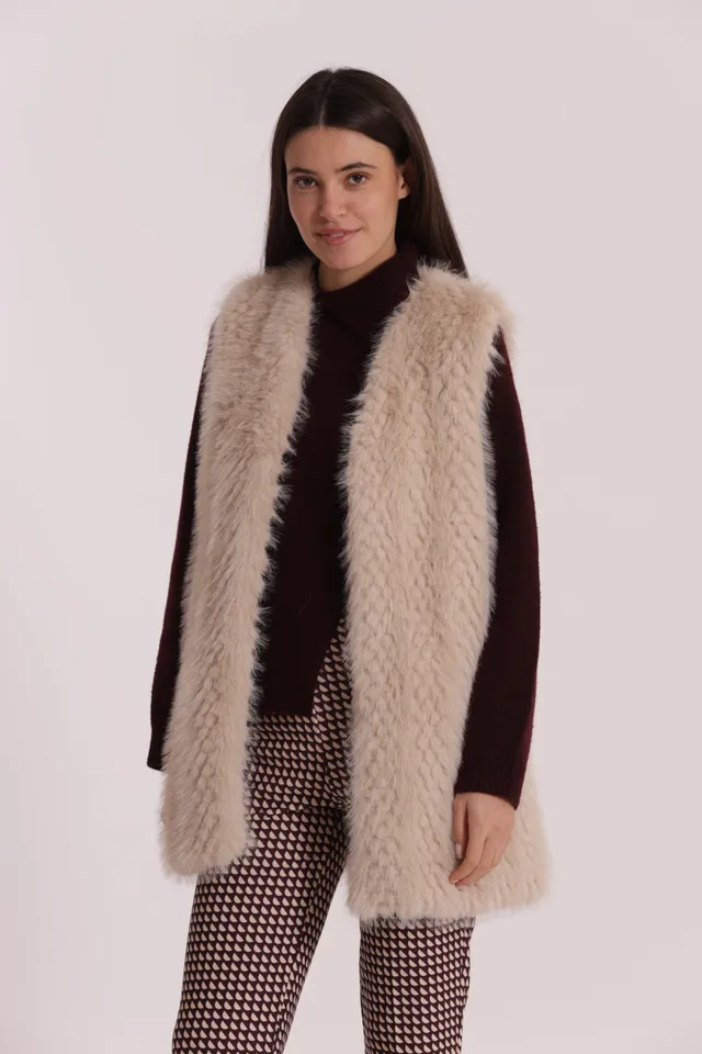Mimi Mua Gilet Lungo Effetto Montone Beige