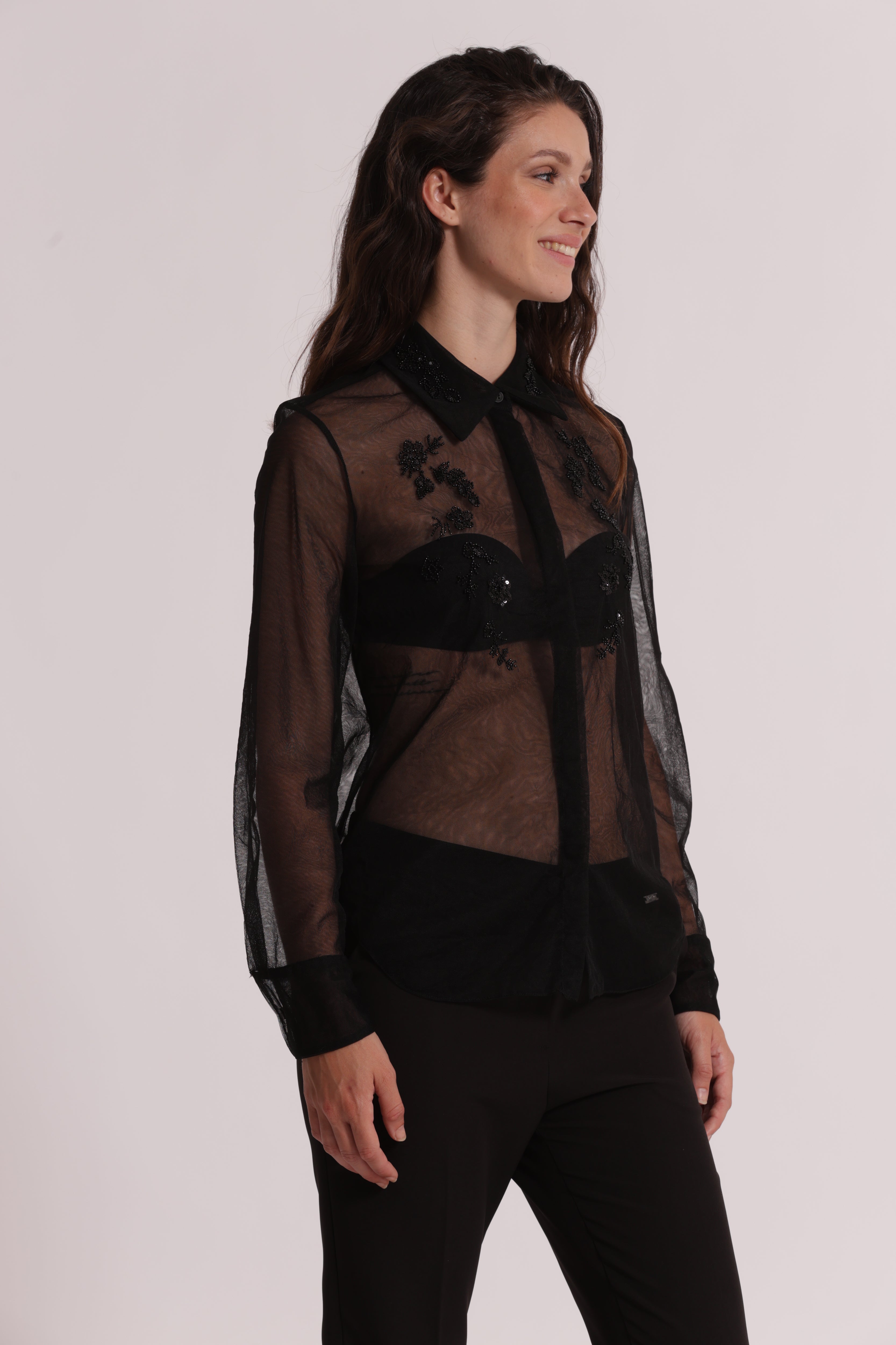 Mimi Mua Camicia Tulle Trasparente Perline Nero