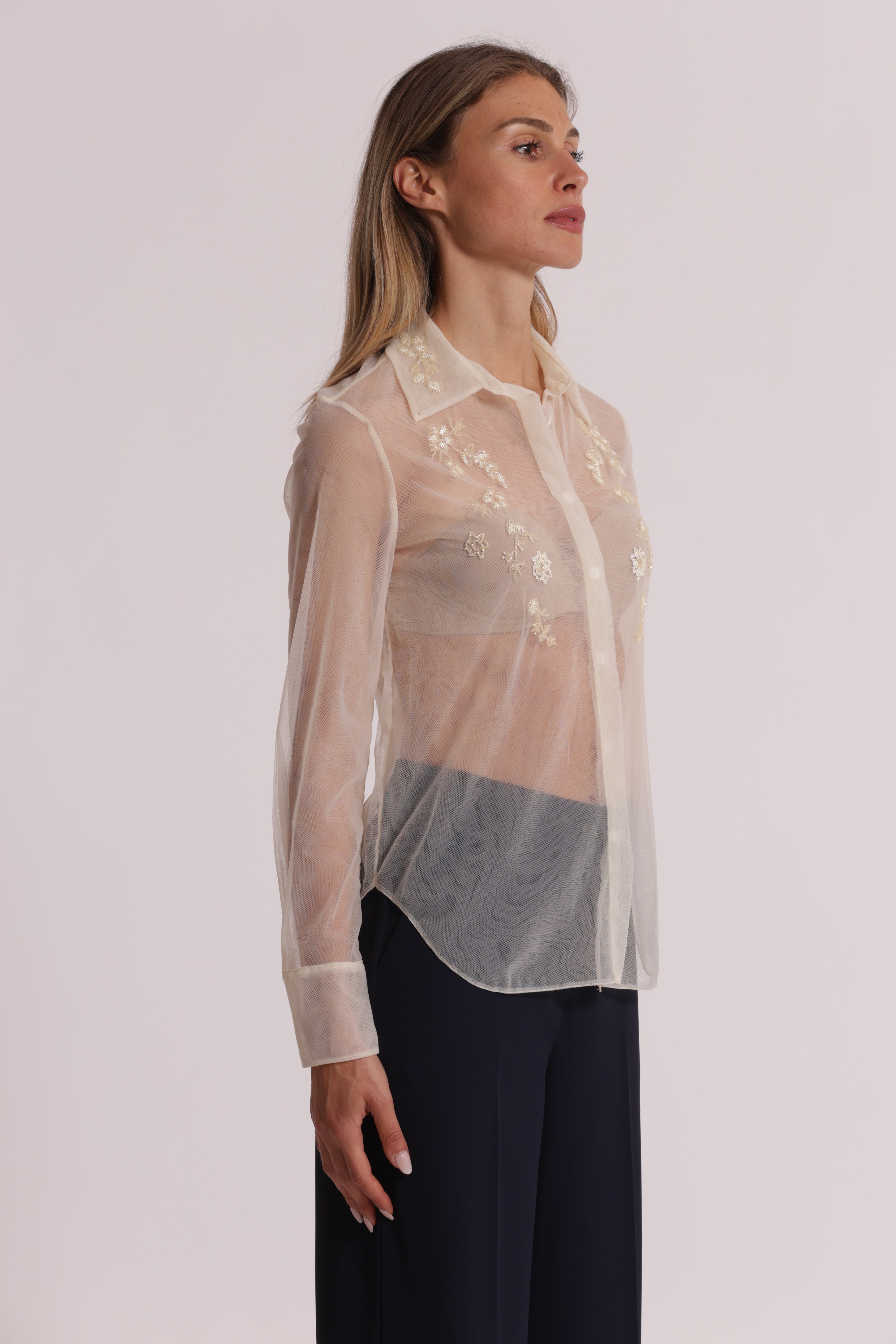 Mimi Mua Camicia Tulle Trasparente Perline Nero