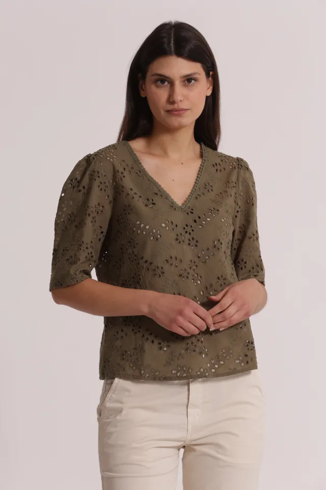 Mimi Mua blusa scollo V sangallo bianco cotone