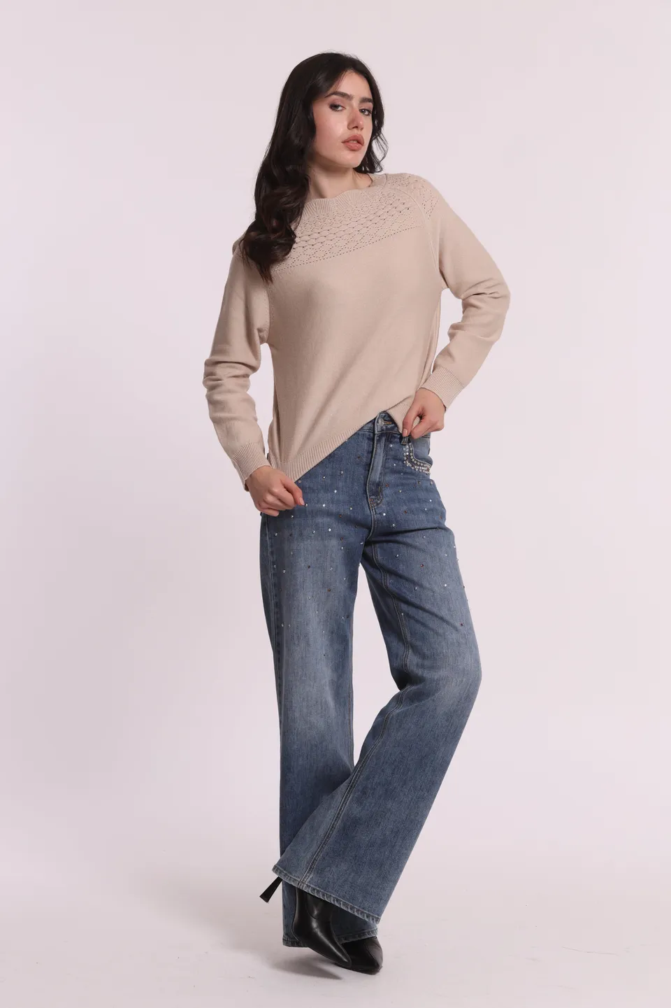 Mimi Mua Maglia Traforata Beige Chiaro Maniche Lunghe