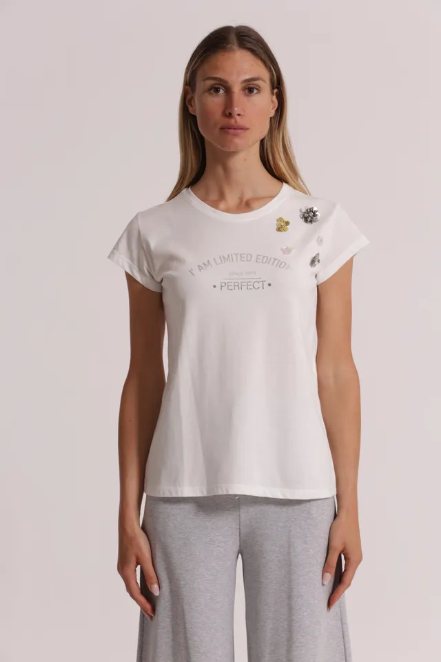 Mimi Mua I Am Limited Edition t-shirt panna con strass
