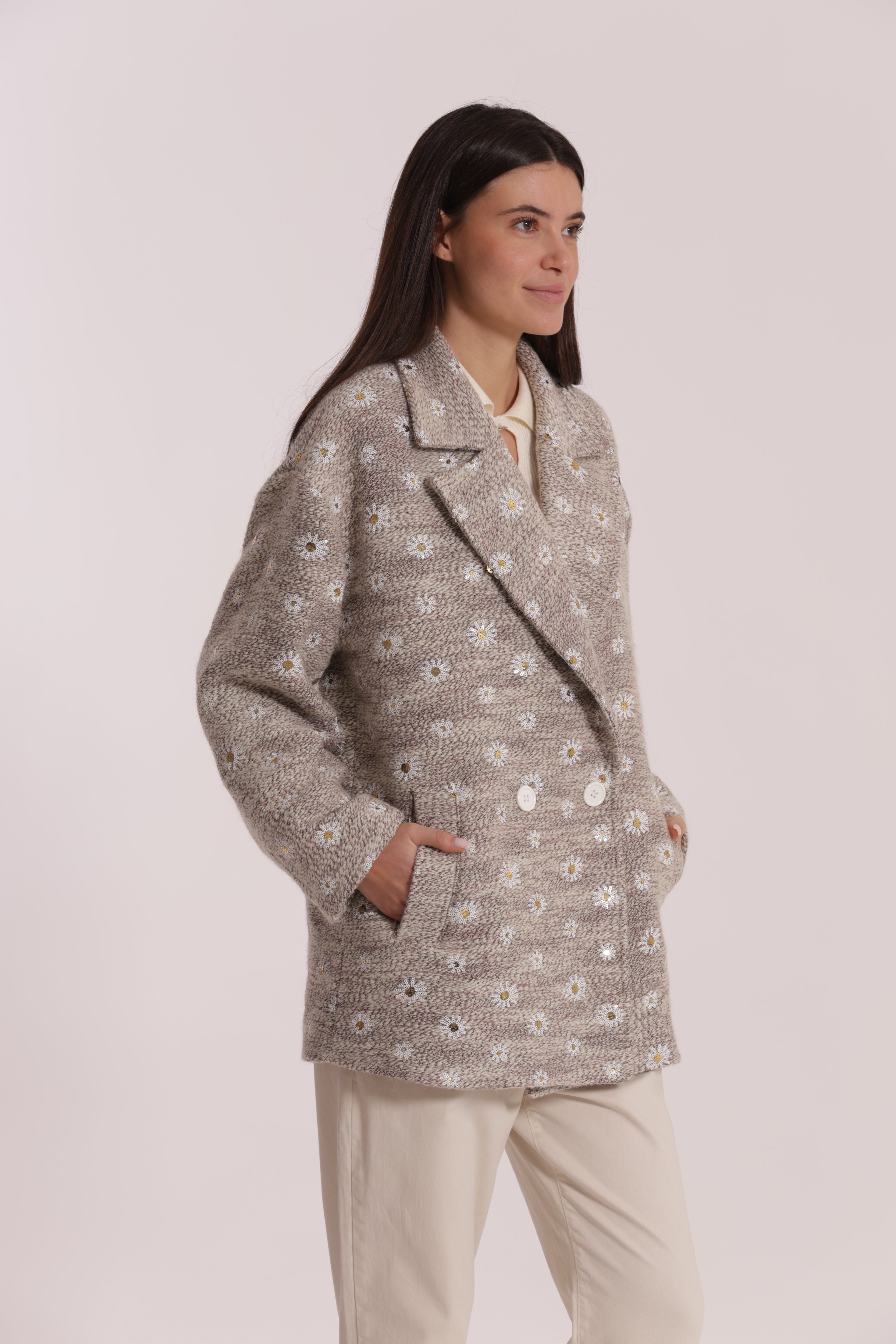 Mimi Mua Giaccone Margherite Paillettes Nero Lana