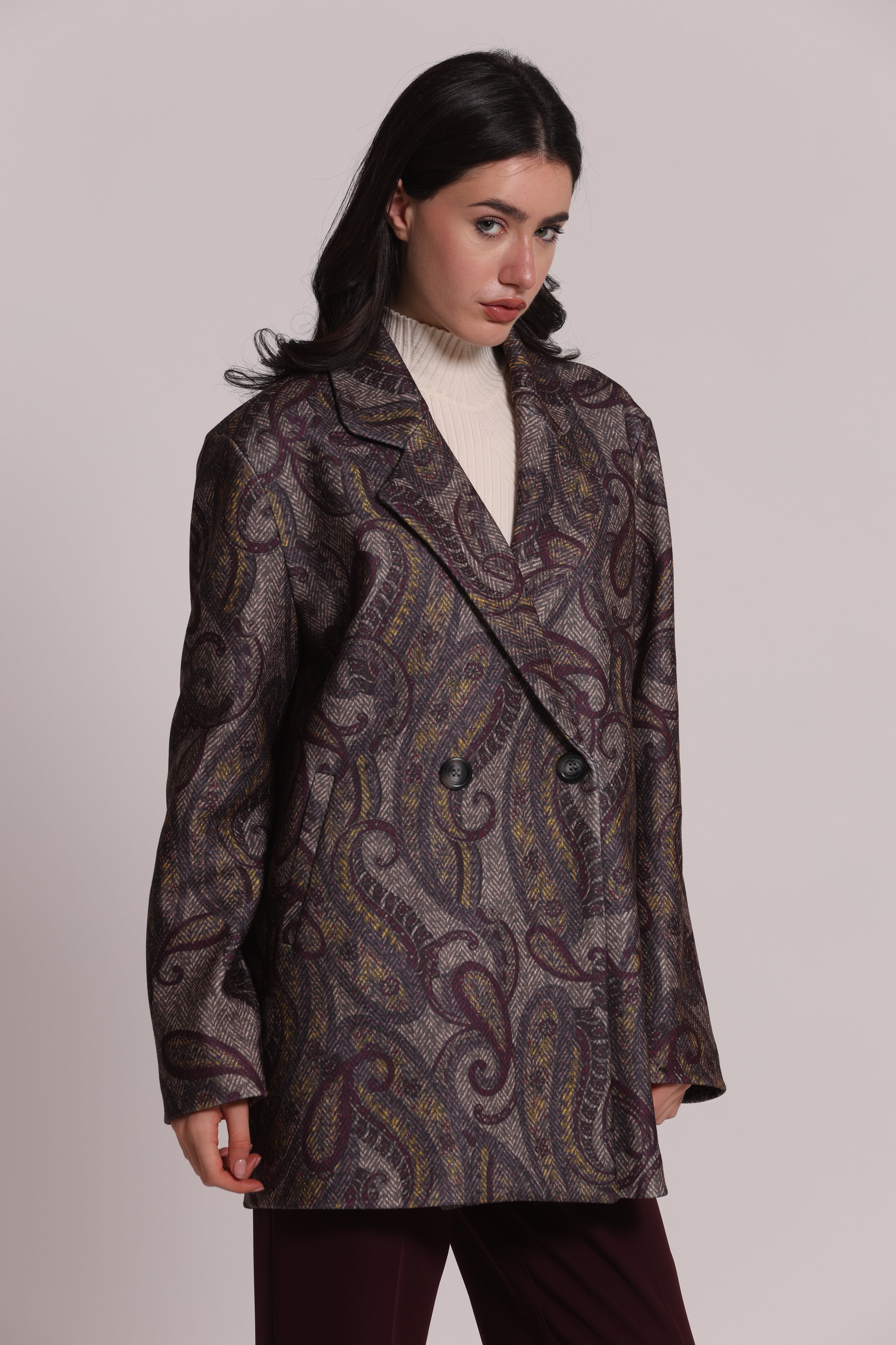 Mimi Mua Cappotto Giaccone Over Paisley Prugna Invernale
