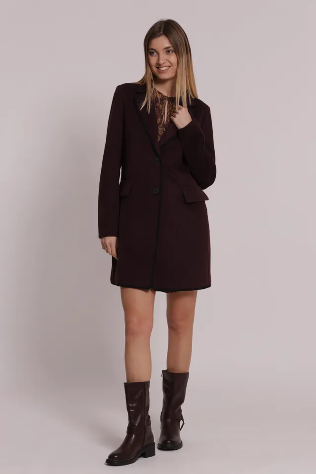 Mimi Mua Baronetto Sfoderato Con Dettagli Neri Cappotto Prugna Leggero