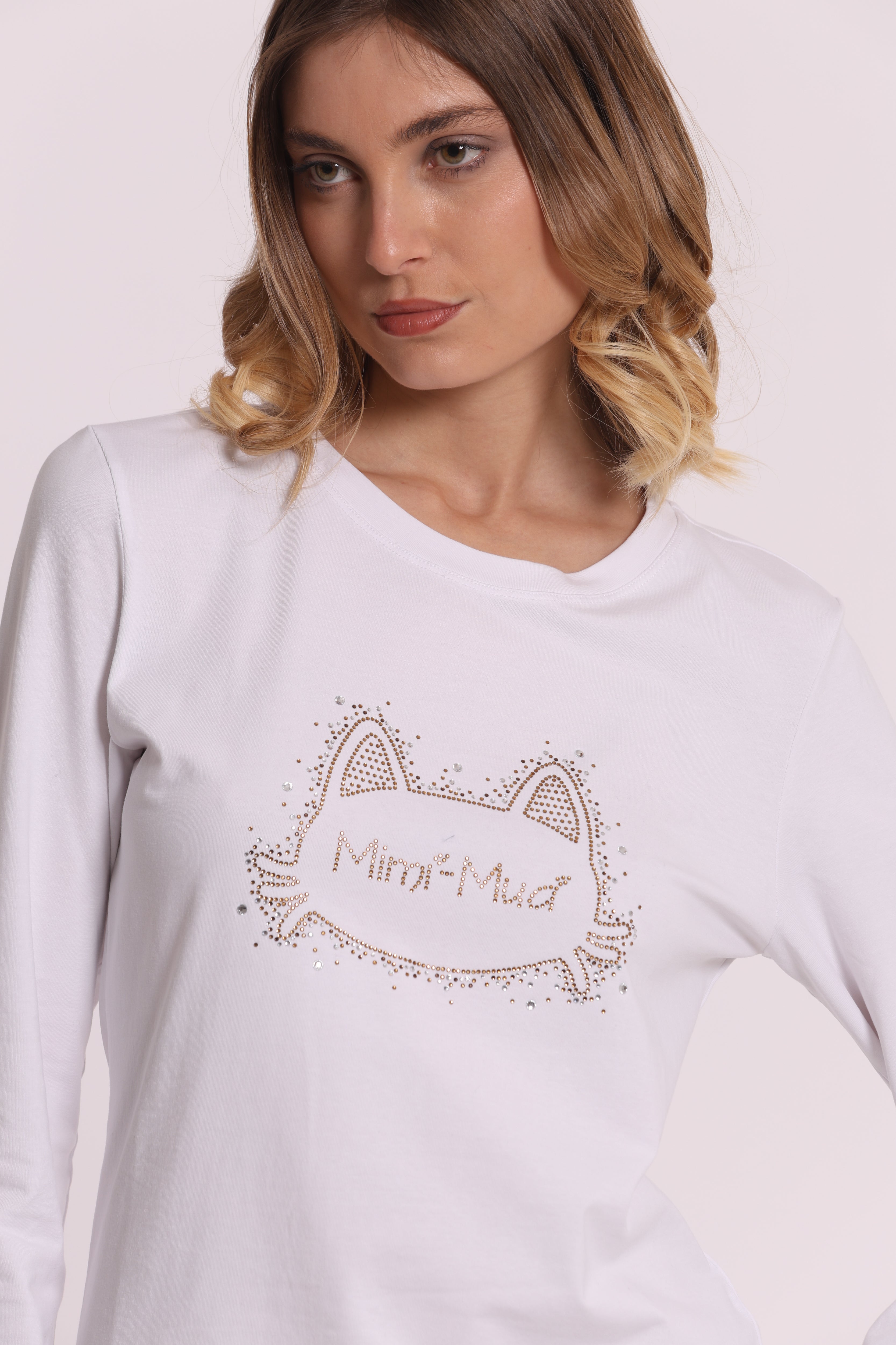 Mimi Mua T-Shirt Maniche Lunghe Gatto Strass Bianca