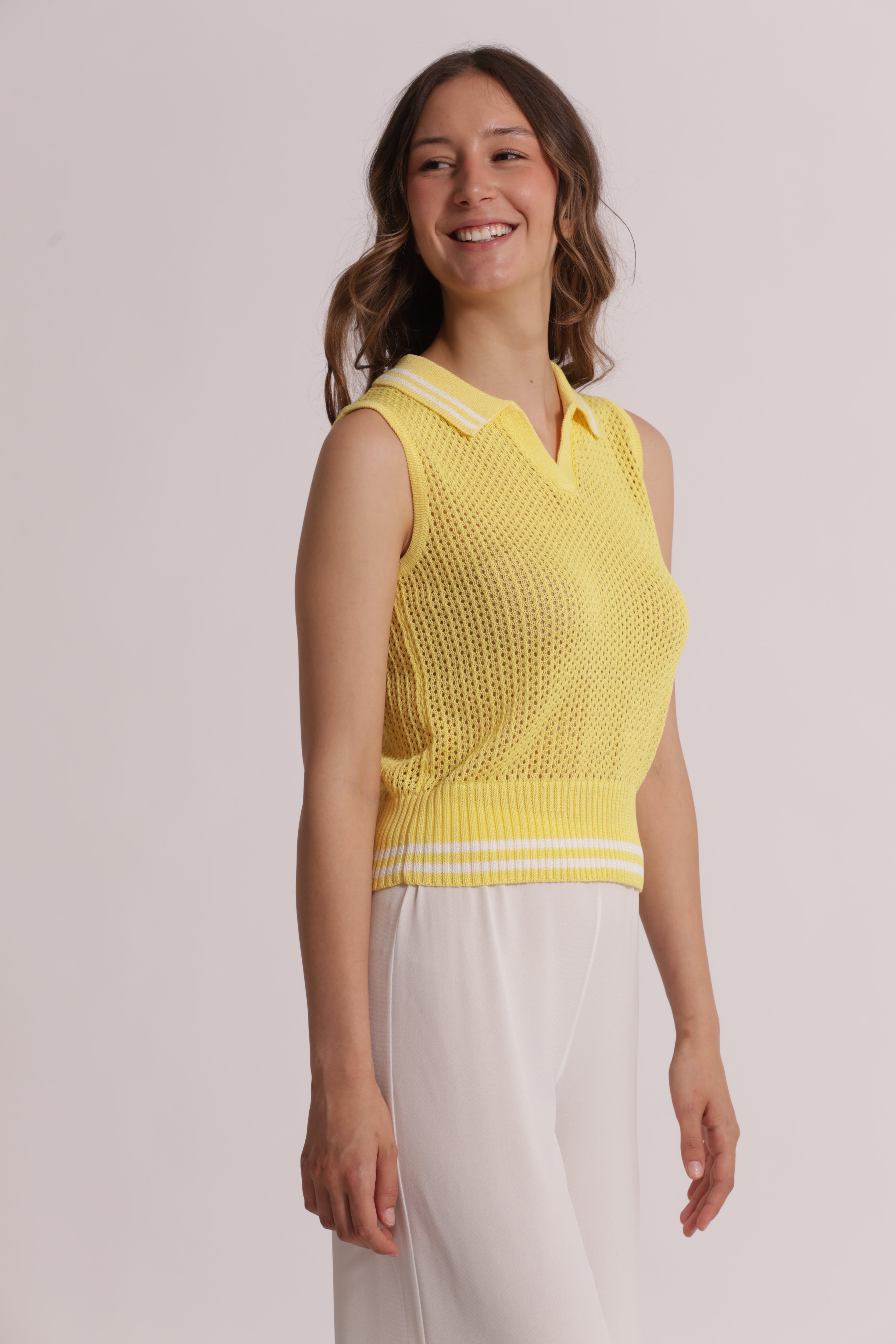 Mimi Mua Top Crochet Maglia Panna Traforata