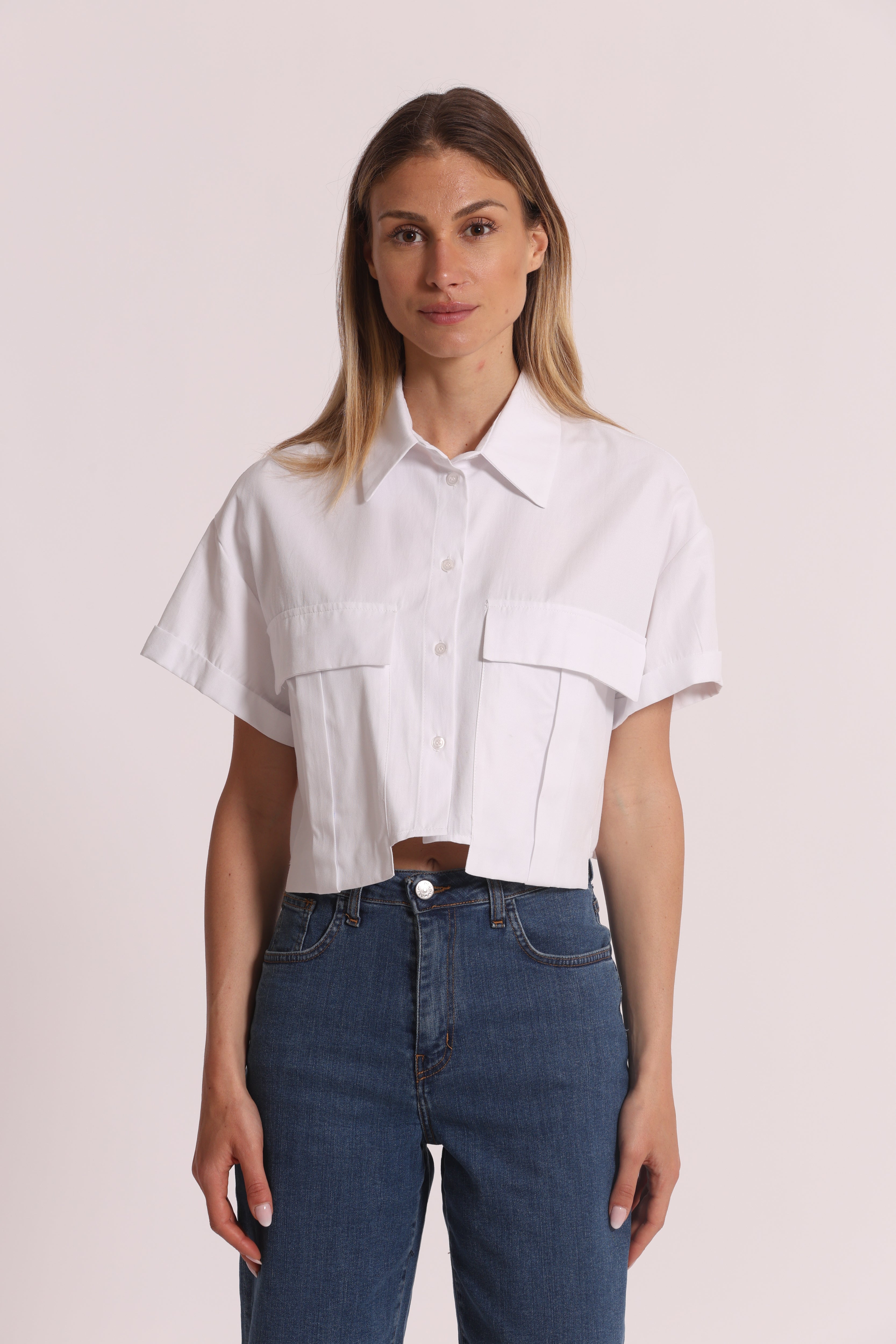 Mimi Mua Camicia Cropped Oxford Tasche Bianca Corta