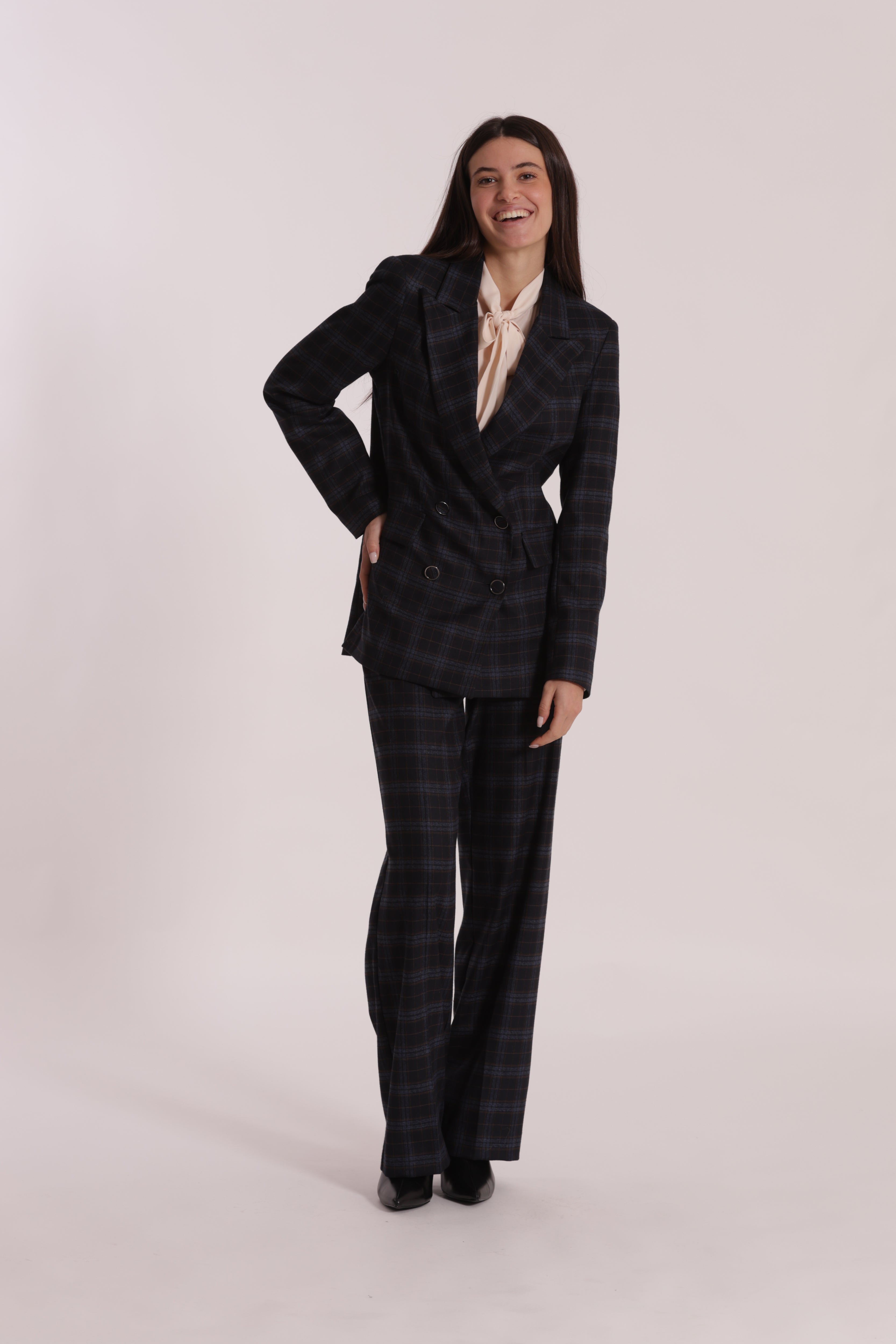 Mimi Mua Pantalone Dritto Check Blu Elasticizzato