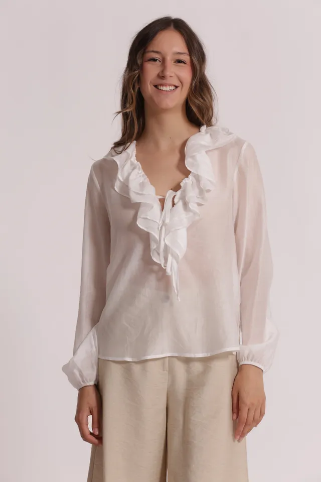 Mimi Mua Rouches Blusa Bianca Maniche Lunghe XS