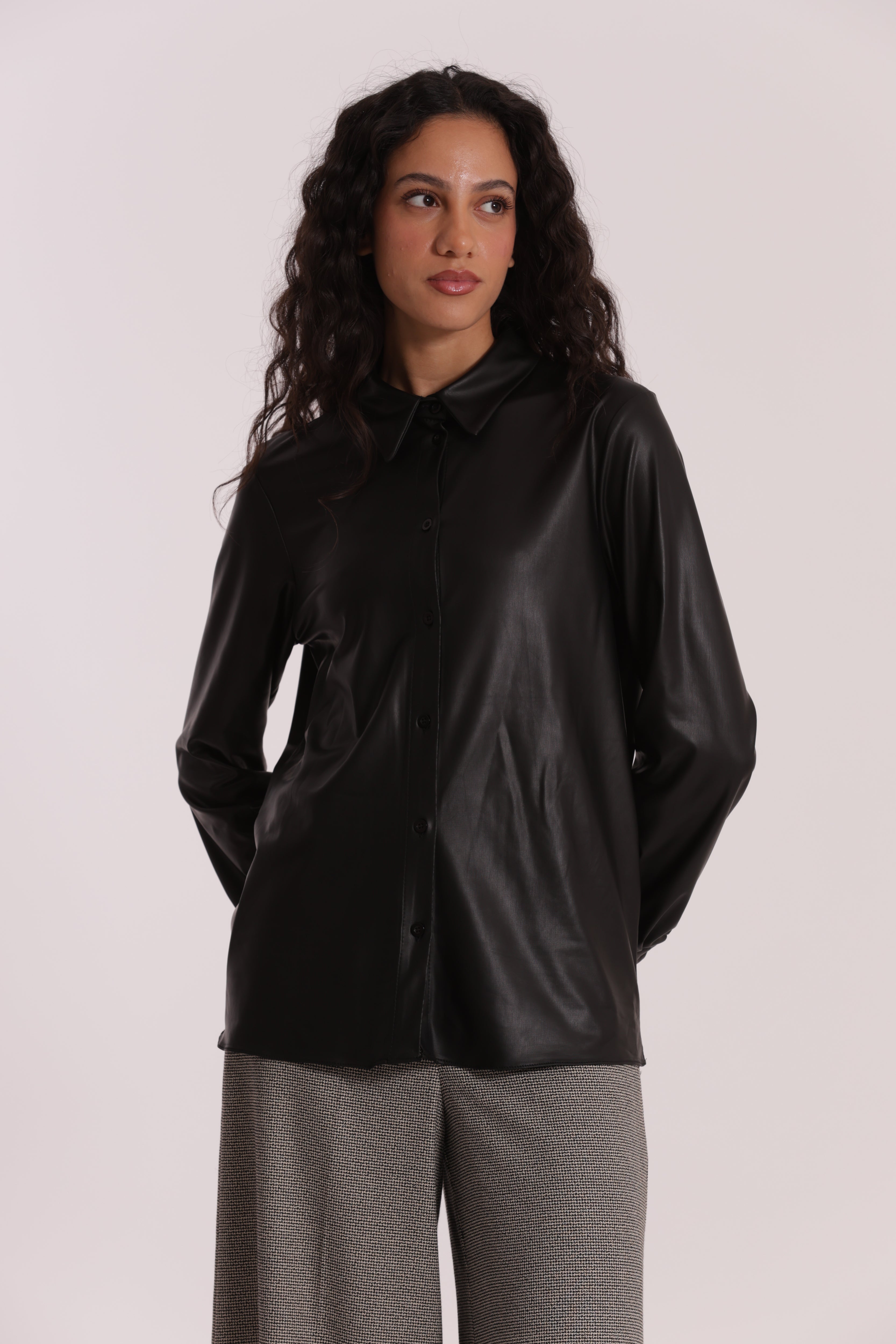 Mimi Mua Camicia Uomo Simil Pelle Nero