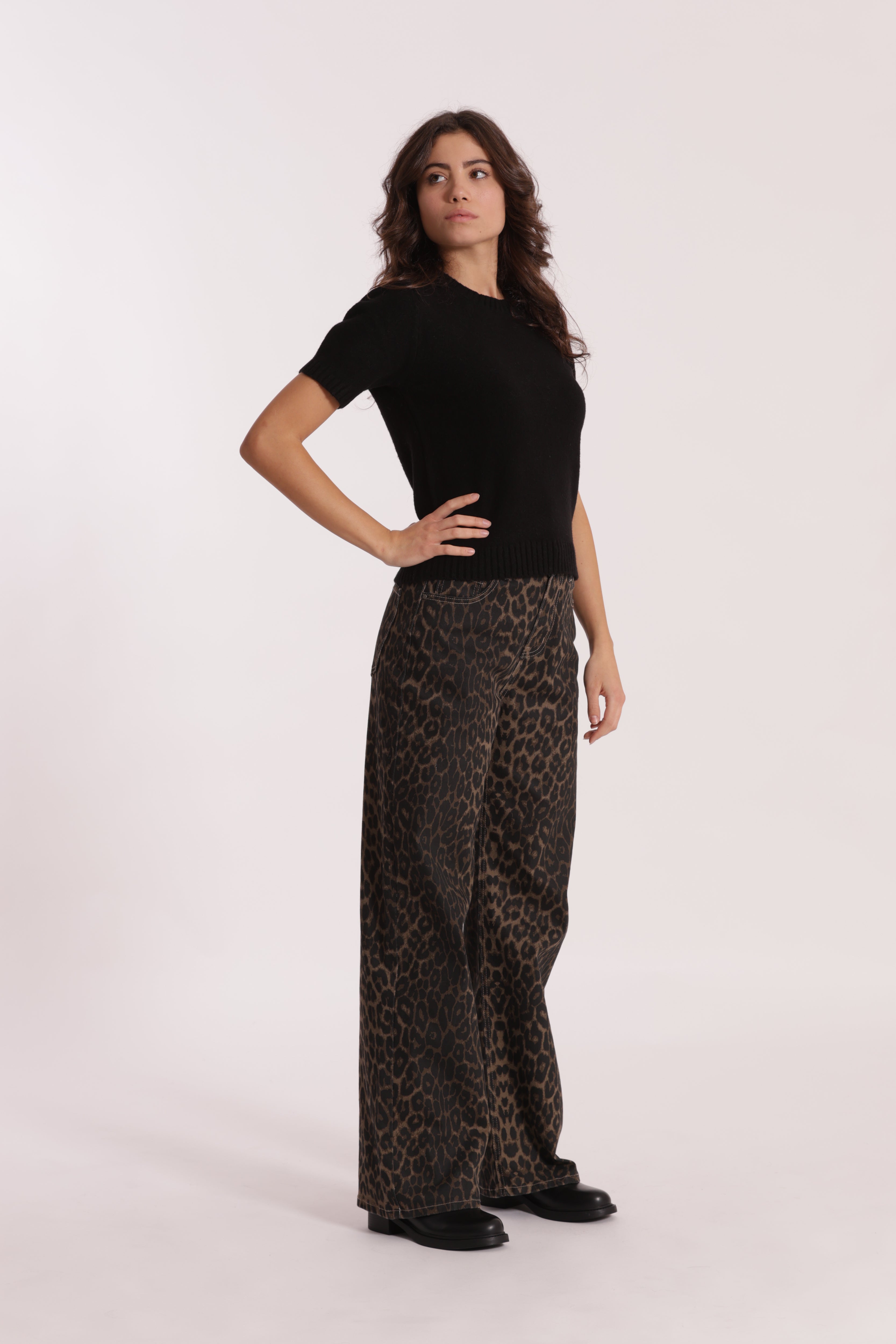 Mimi Mua jeans wide leg leopardato cammello denim