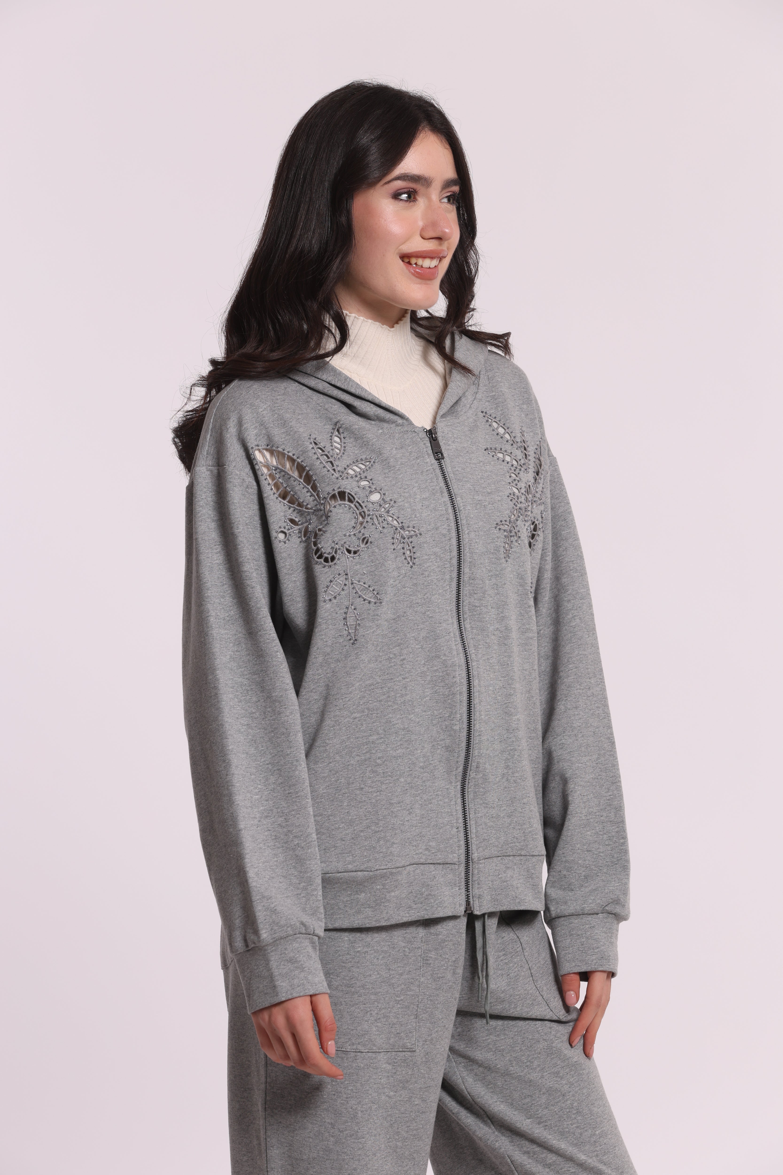 Mimi Mua Felpa con Zip Dettagli Traforati e Strass Nero