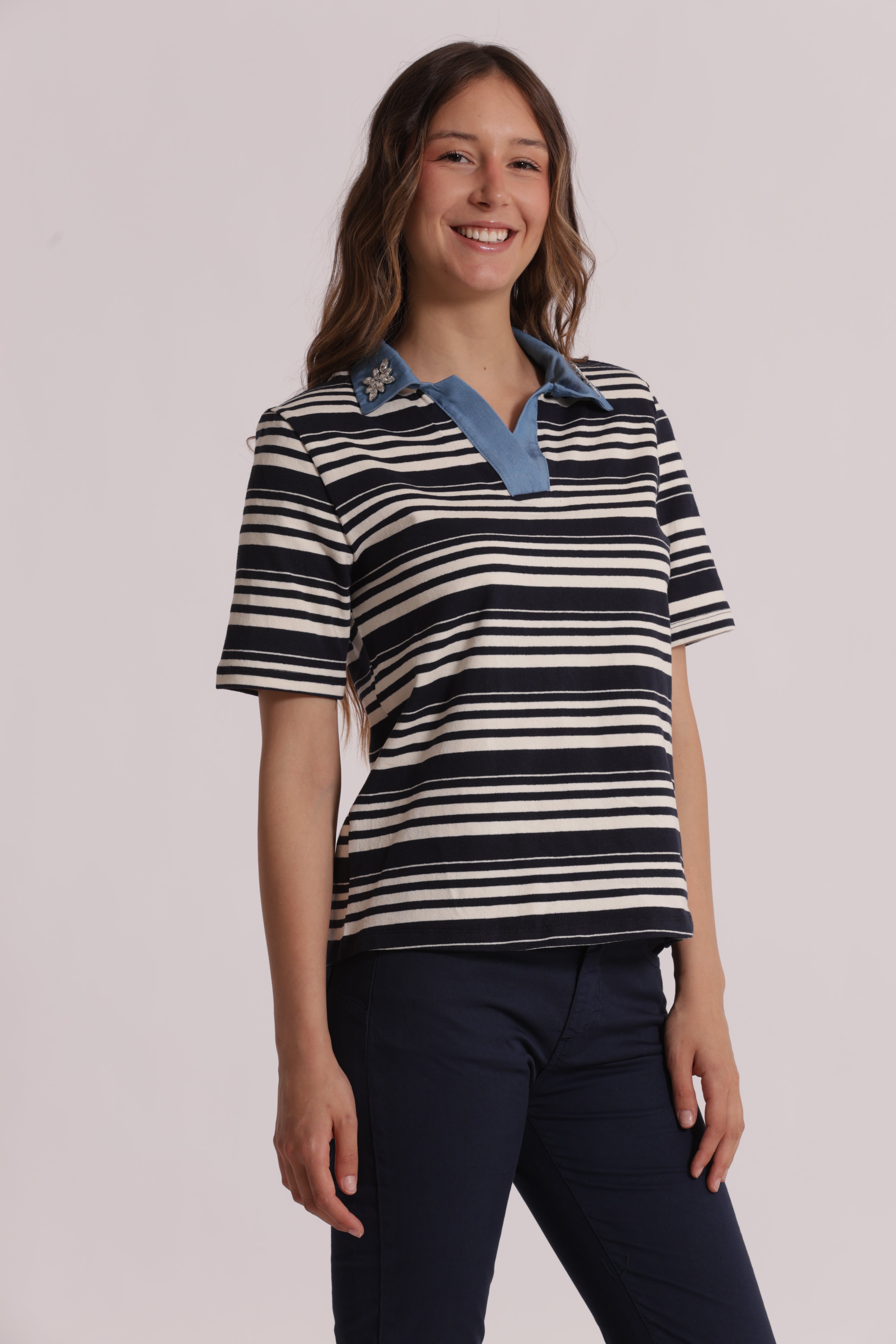 Mimi Mua T-Shirt a Righe Colletto Denim Strass Blu/Panna