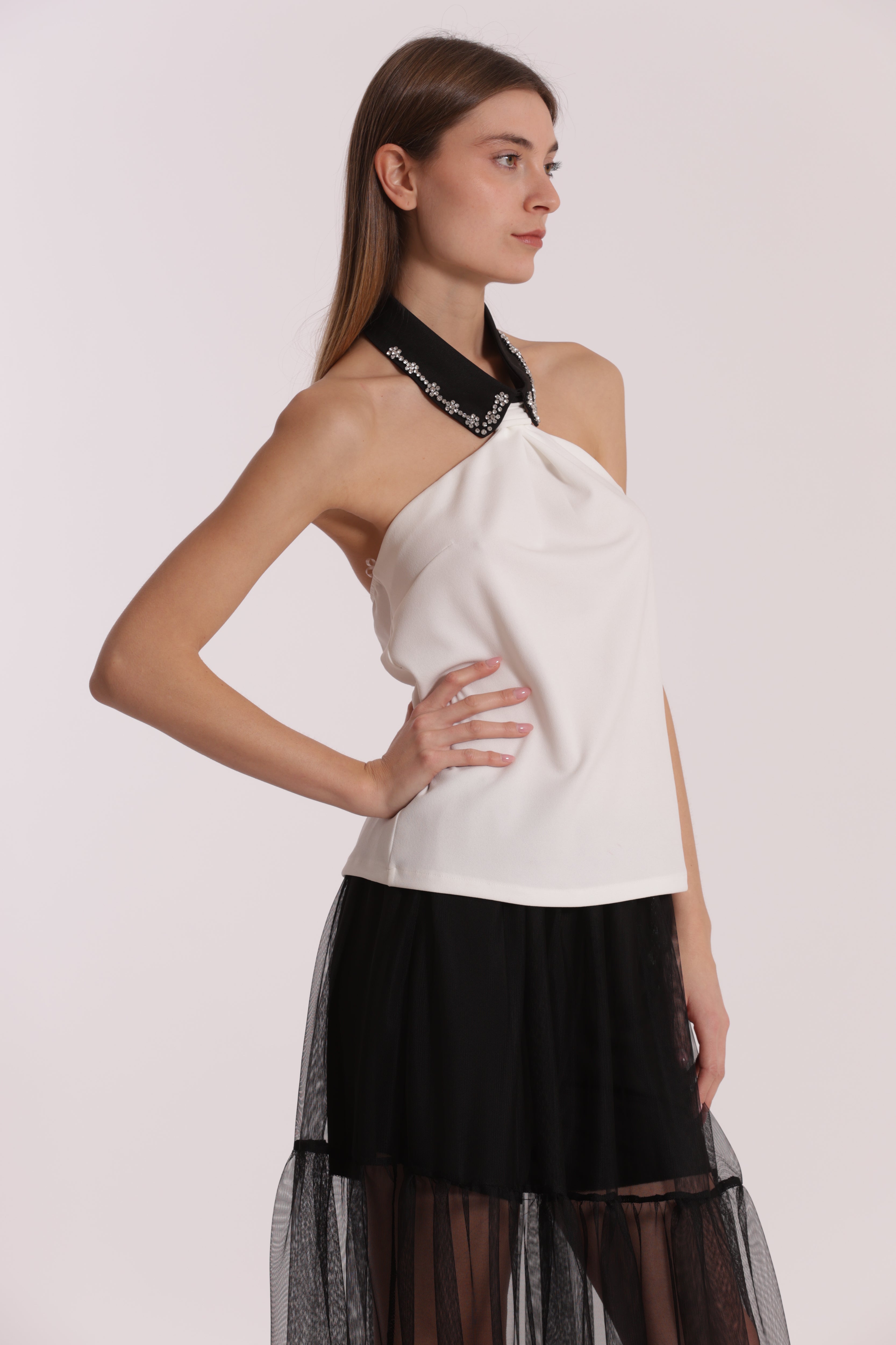 Mimi Mua Top con Colletto di Strass elasticizzato