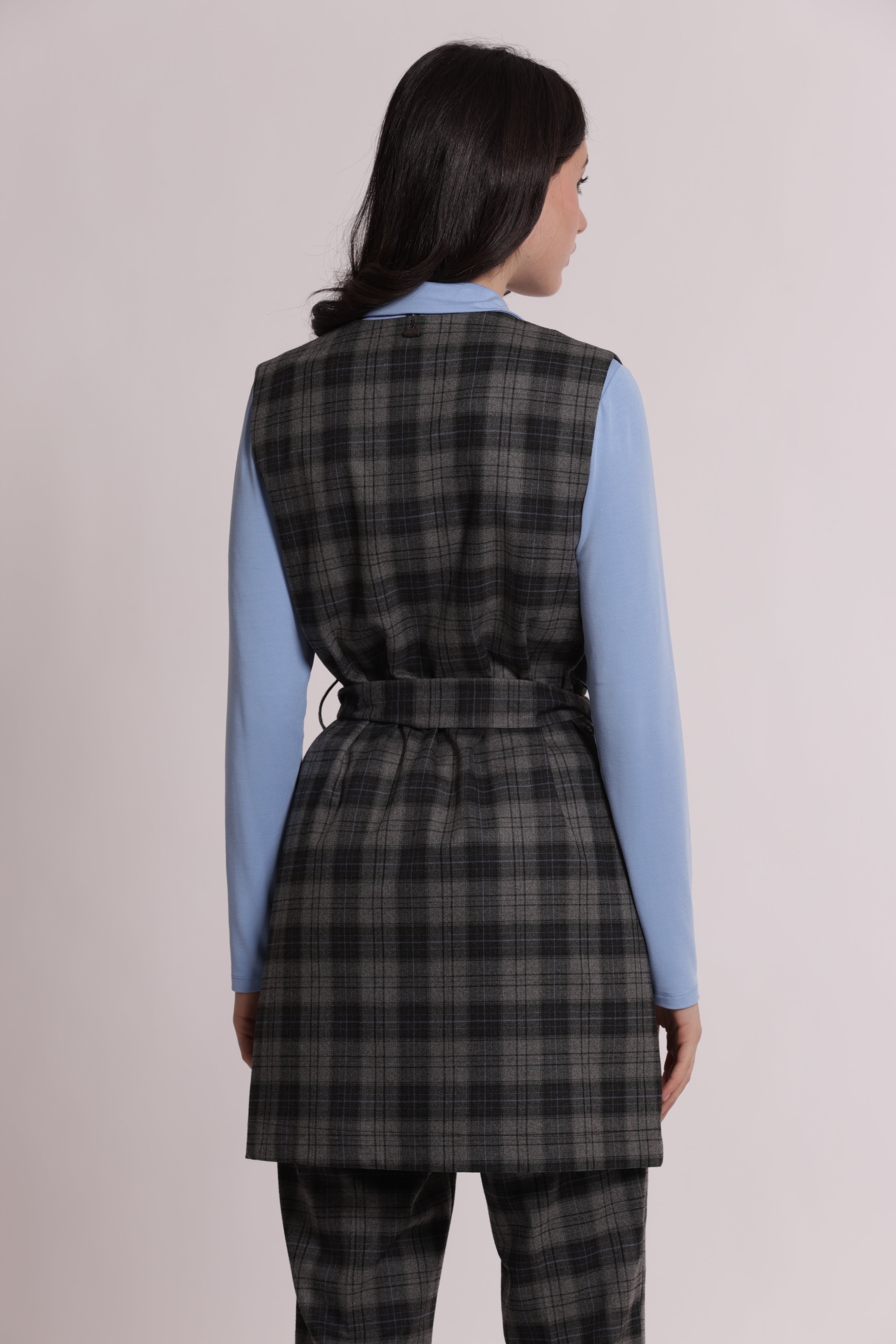 Mimi Mua Gilet Lungo Check Grigio Smanicato