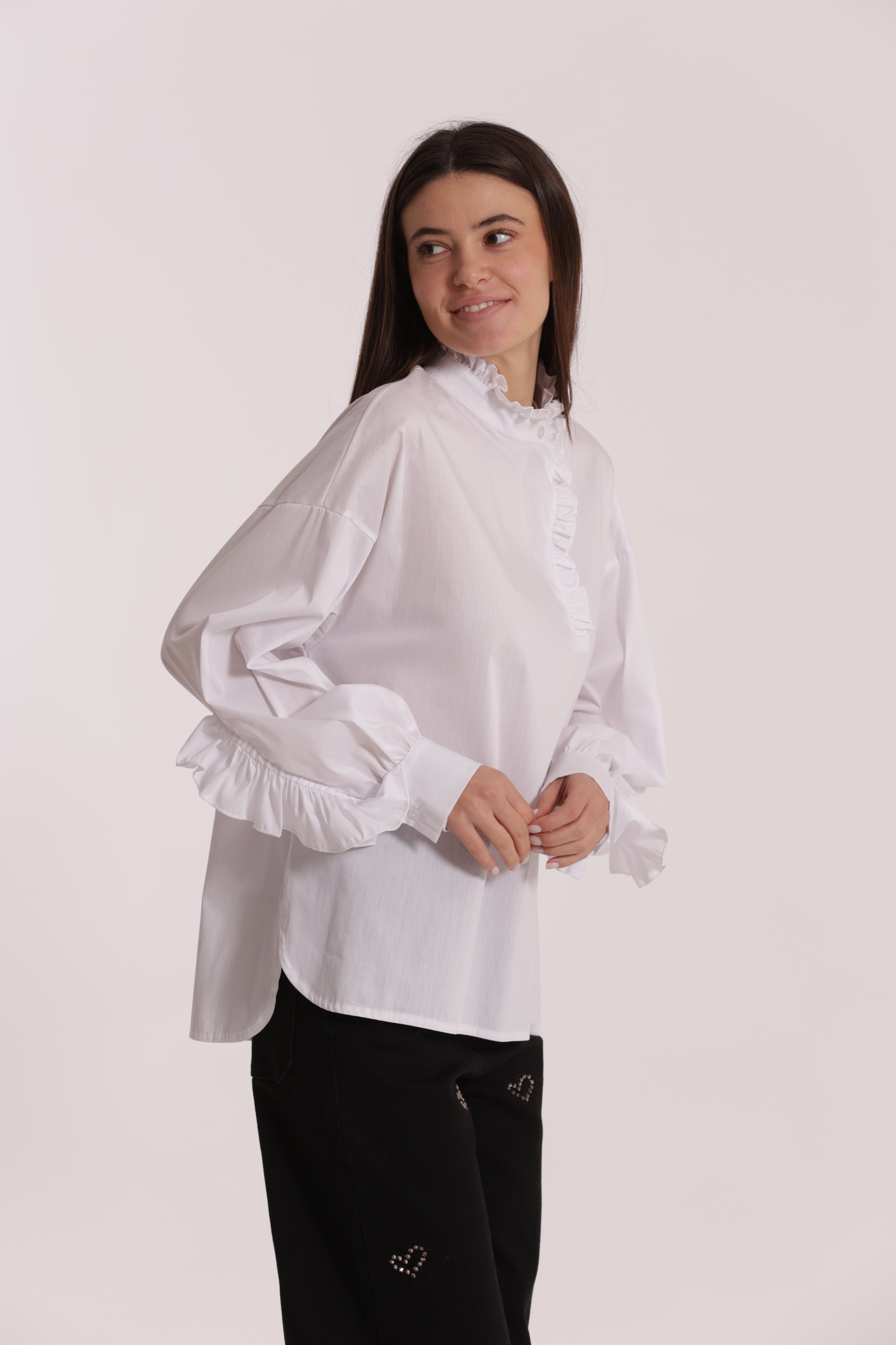 Mimi Mua blusa cotone rouches bianca con volant