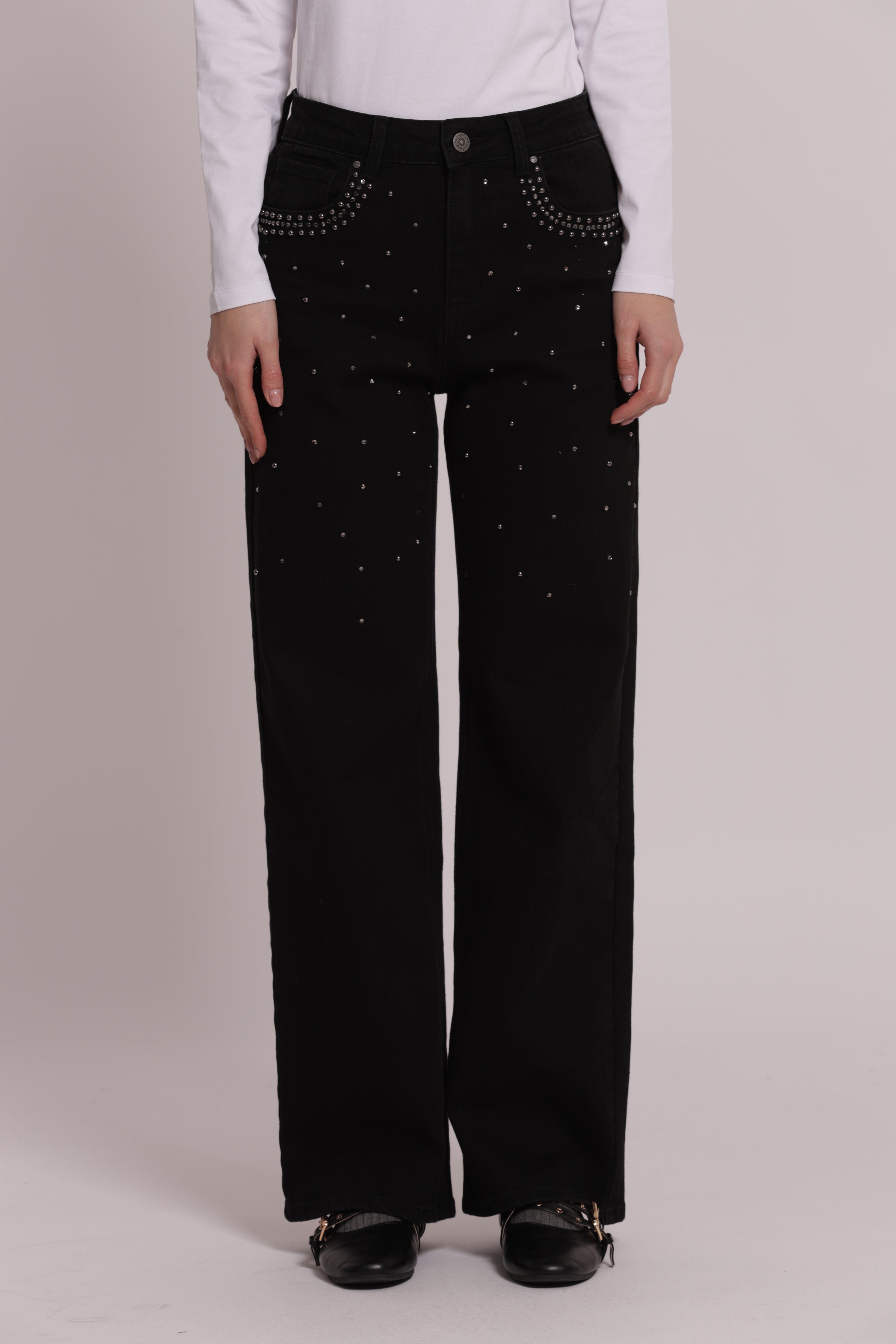 Mimi Mua jeans wide leg borchie e strass nero