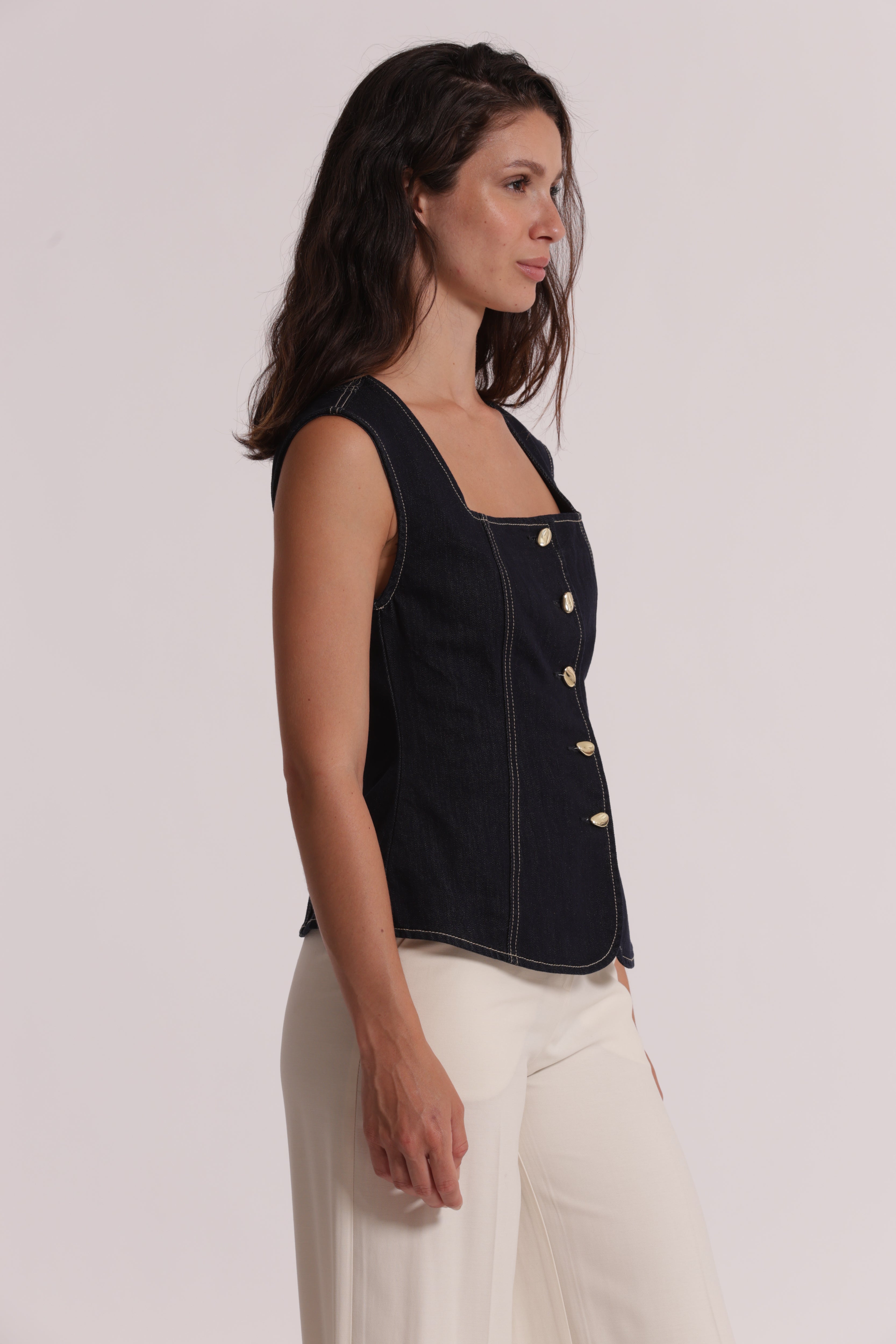 Mimi Mua Gilet in Denim con Bottoni Oro blu scuro