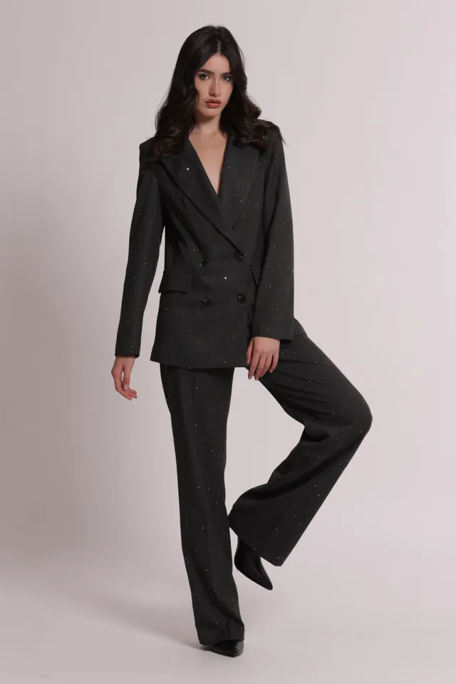 Mimi Mua Pantalone Dritto Gessato Paillettes Piombo