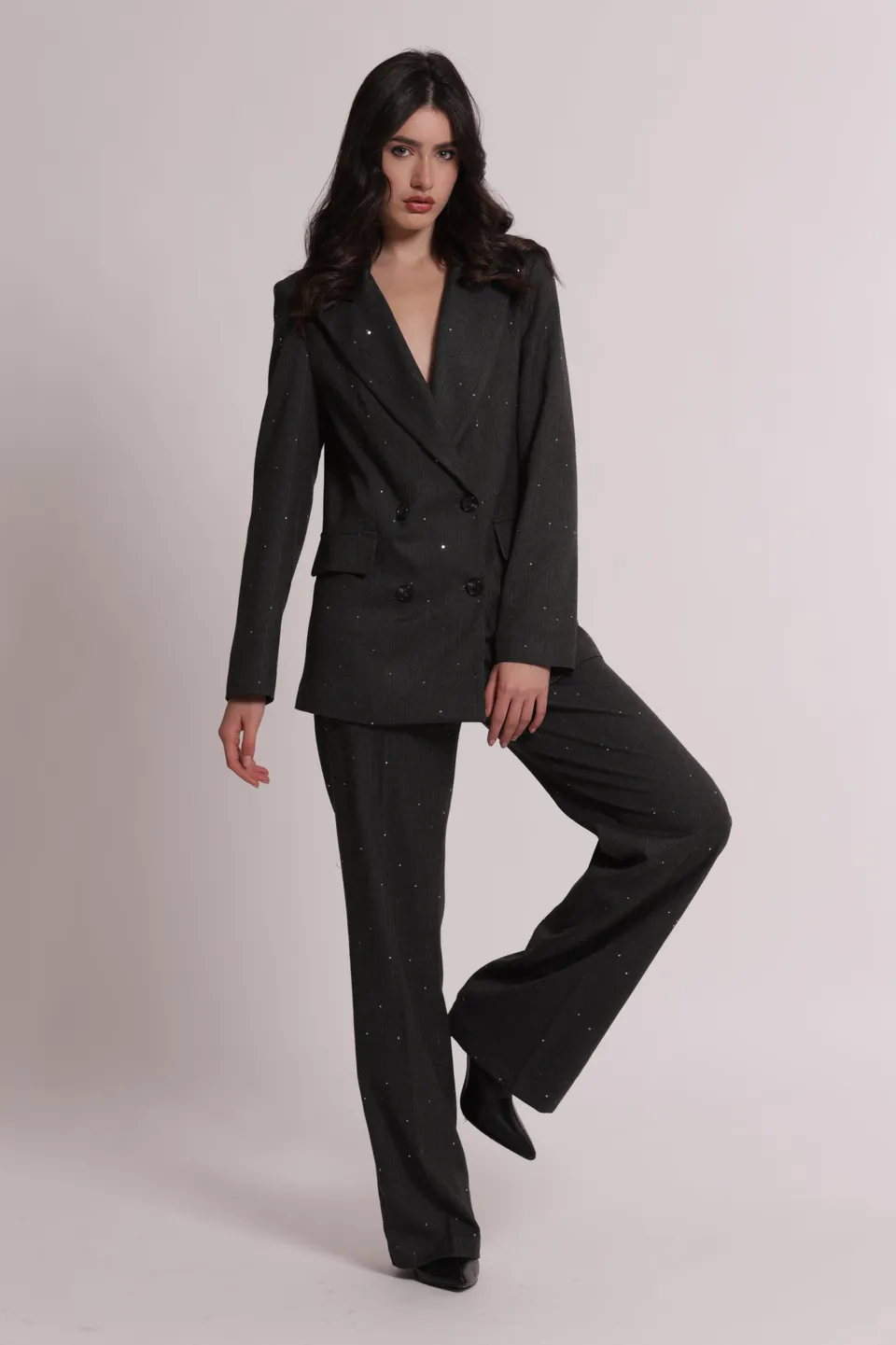 Mimi Mua Pantalone Dritto Gessato Paillettes Piombo
