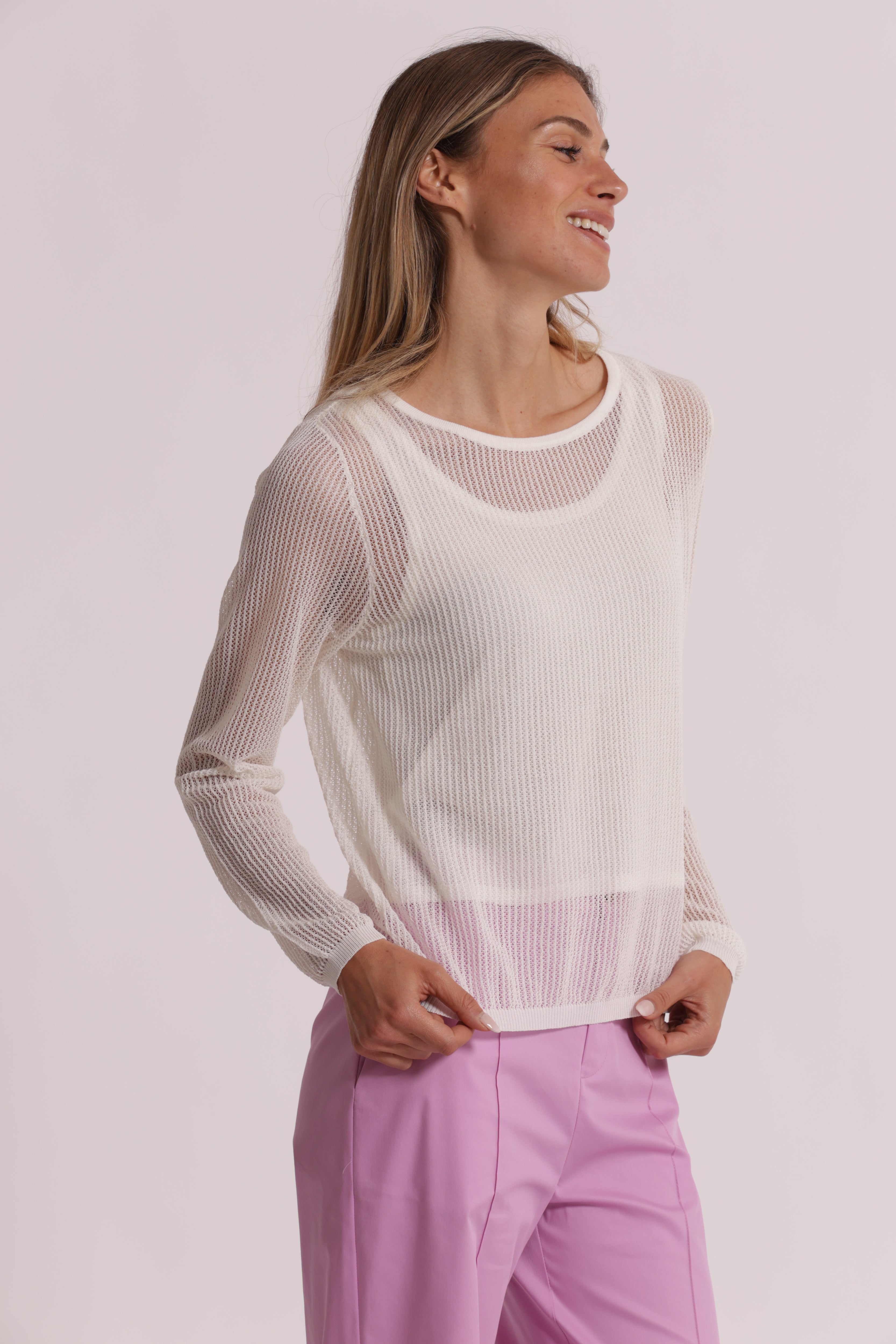 Mimi Mua Maglia Traforata Maniche Lunghe panna viscosa
